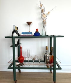 Deep Green Lacquered Mid-Century Bar Cart, Copper details & Smoked Glass Shelves