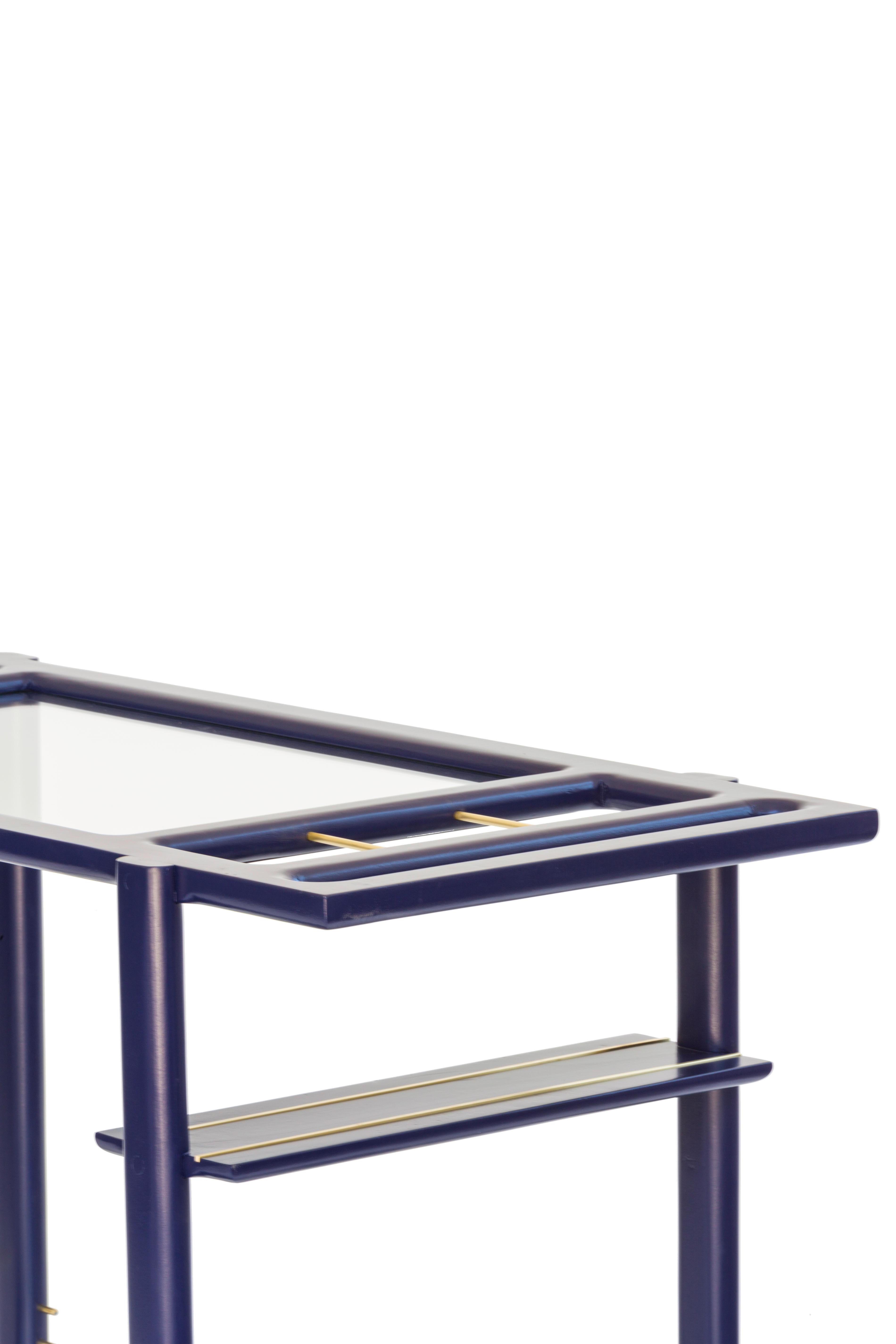 Custom Lacquered Mid-Century Modern Bar Cart, Brass details & Glass Shelves For Sale 2