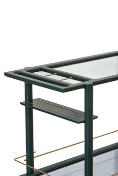Custom Lacquered Mid-Century Modern Bar Cart, Brass details & Glass Shelves