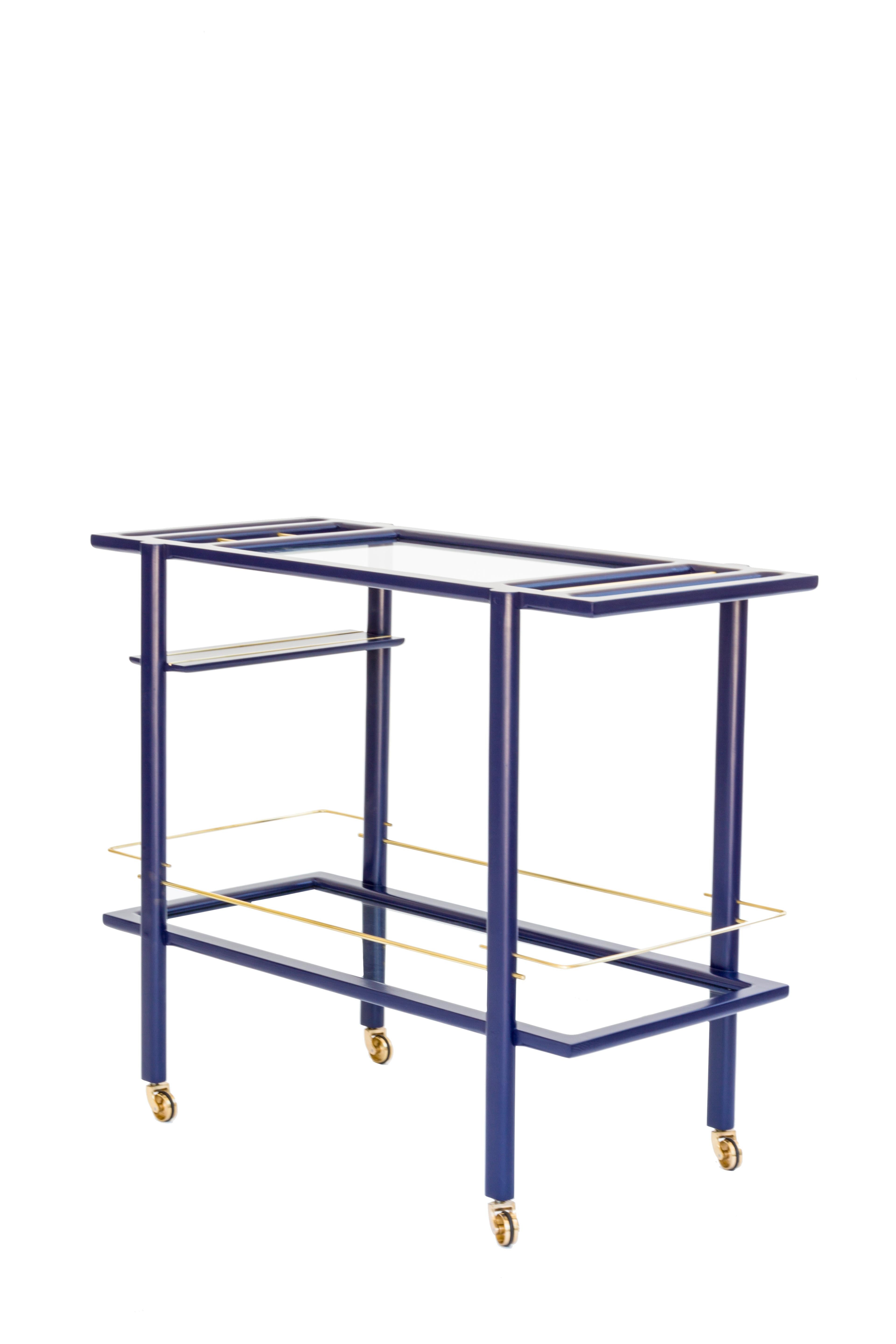 Custom Lacquered Mid-Century Modern Bar Cart, Brass details & Glass Shelves In New Condition For Sale In North Hollywood, CA