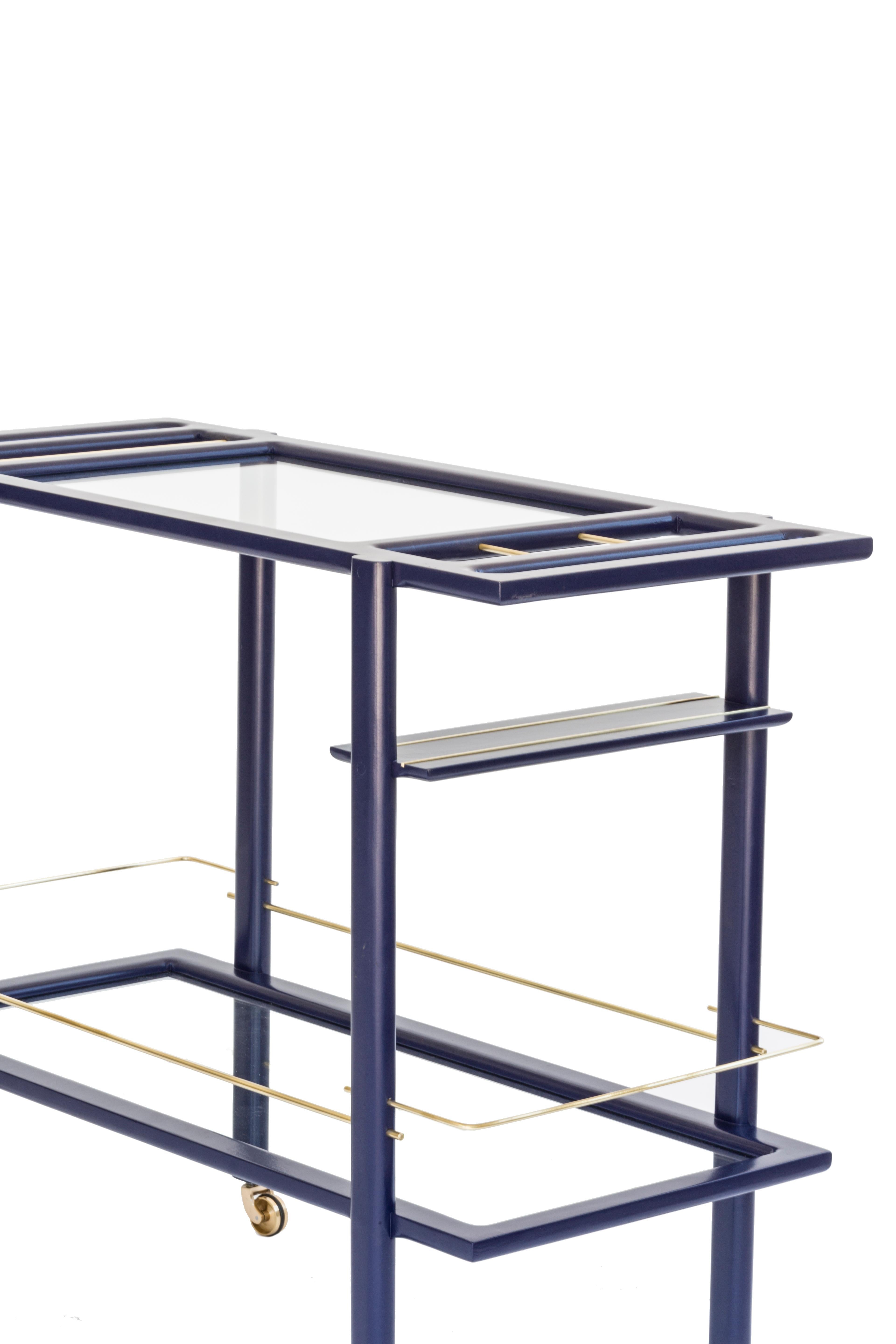 Contemporary Custom Lacquered Mid-Century Modern Bar Cart, Brass details & Glass Shelves For Sale