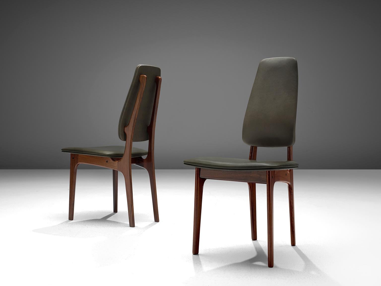Scandinavian Deep Green Leather and Rosewood Set of Ten Chairs by Vestergaard Jensen