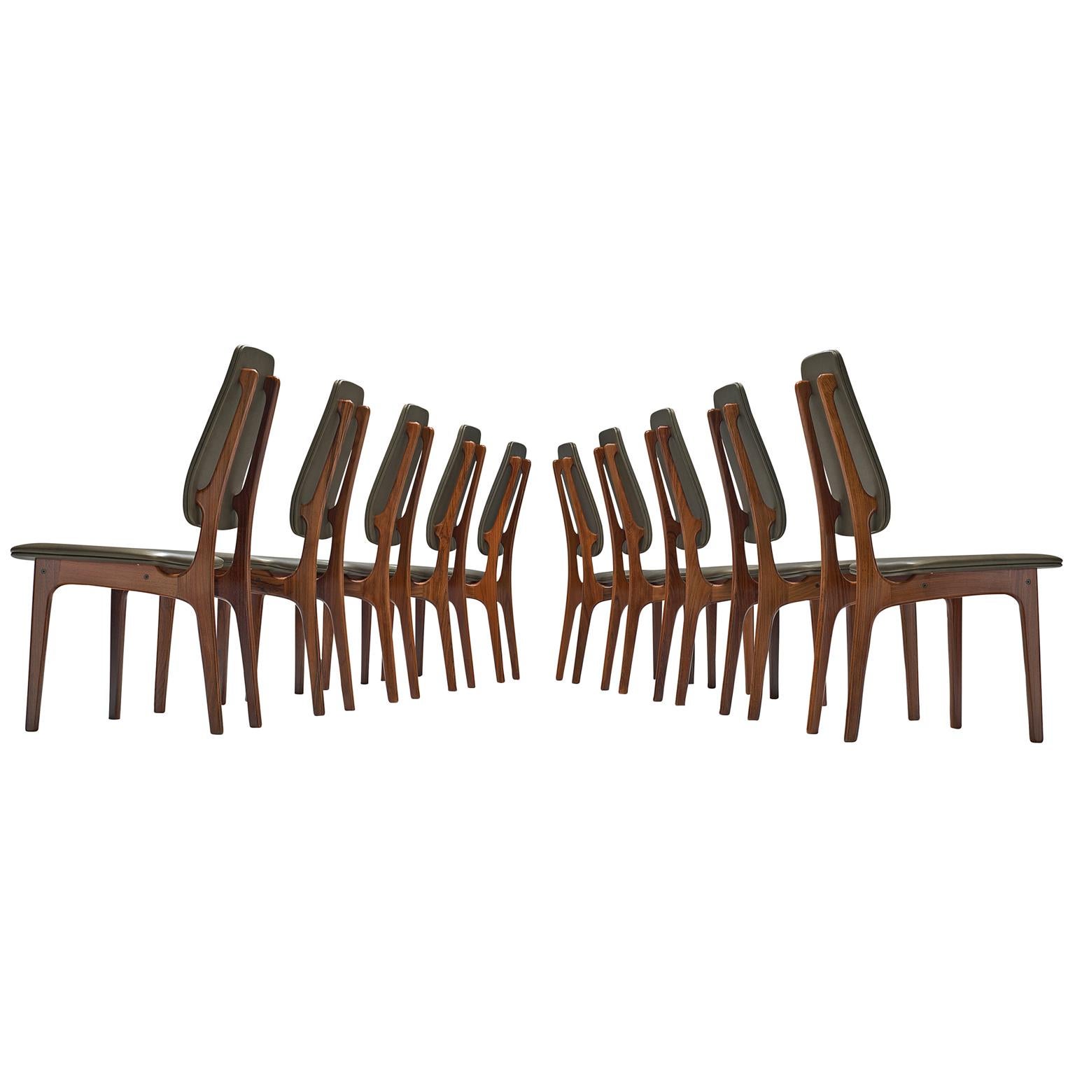 Deep Green Leather and Rosewood Set of Ten Chairs by Vestergaard Jensen