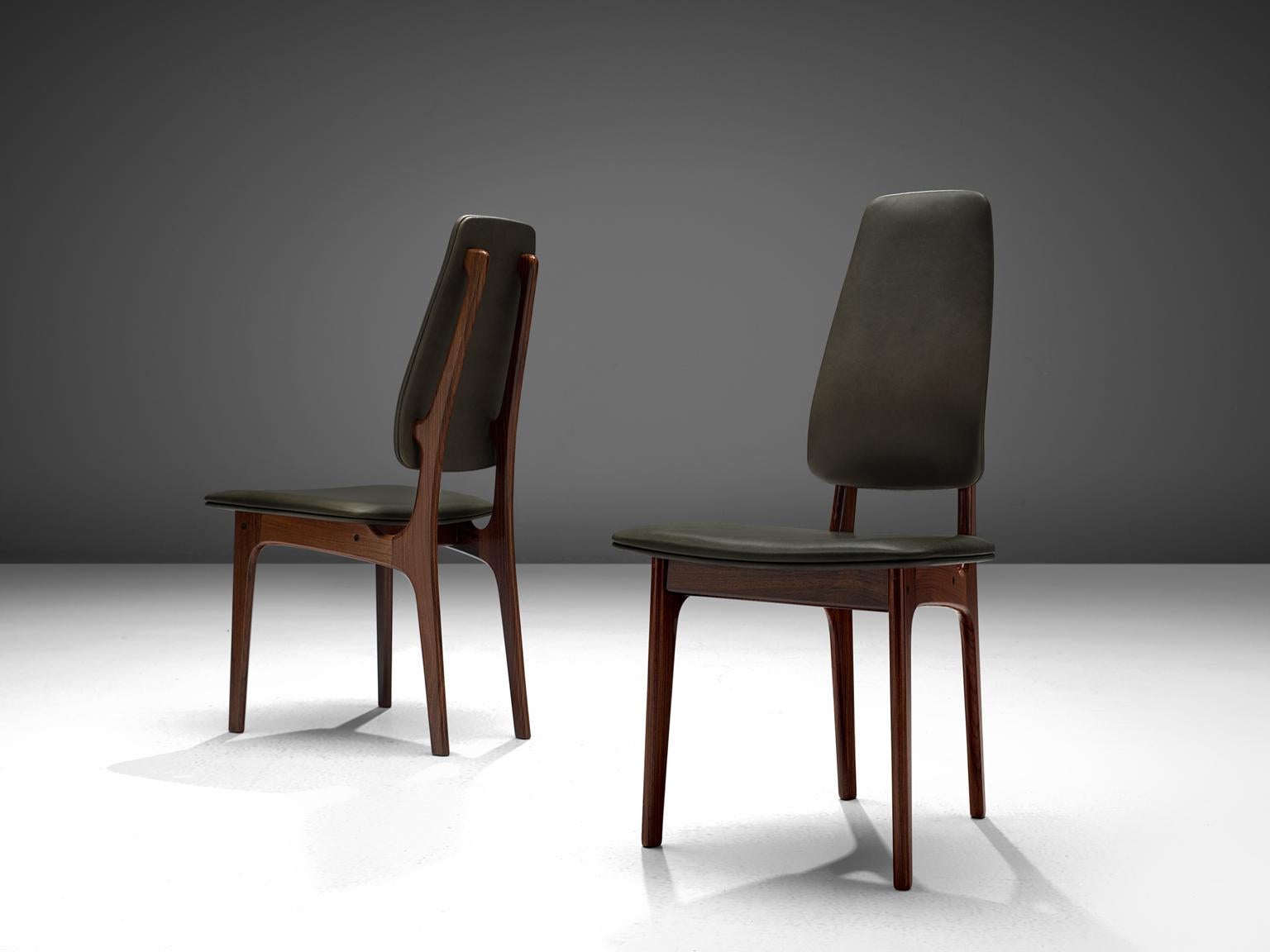 Scandinavian Deep Green Leather and Rosewood Set of Ten Chairs by Vestergaard Jensen