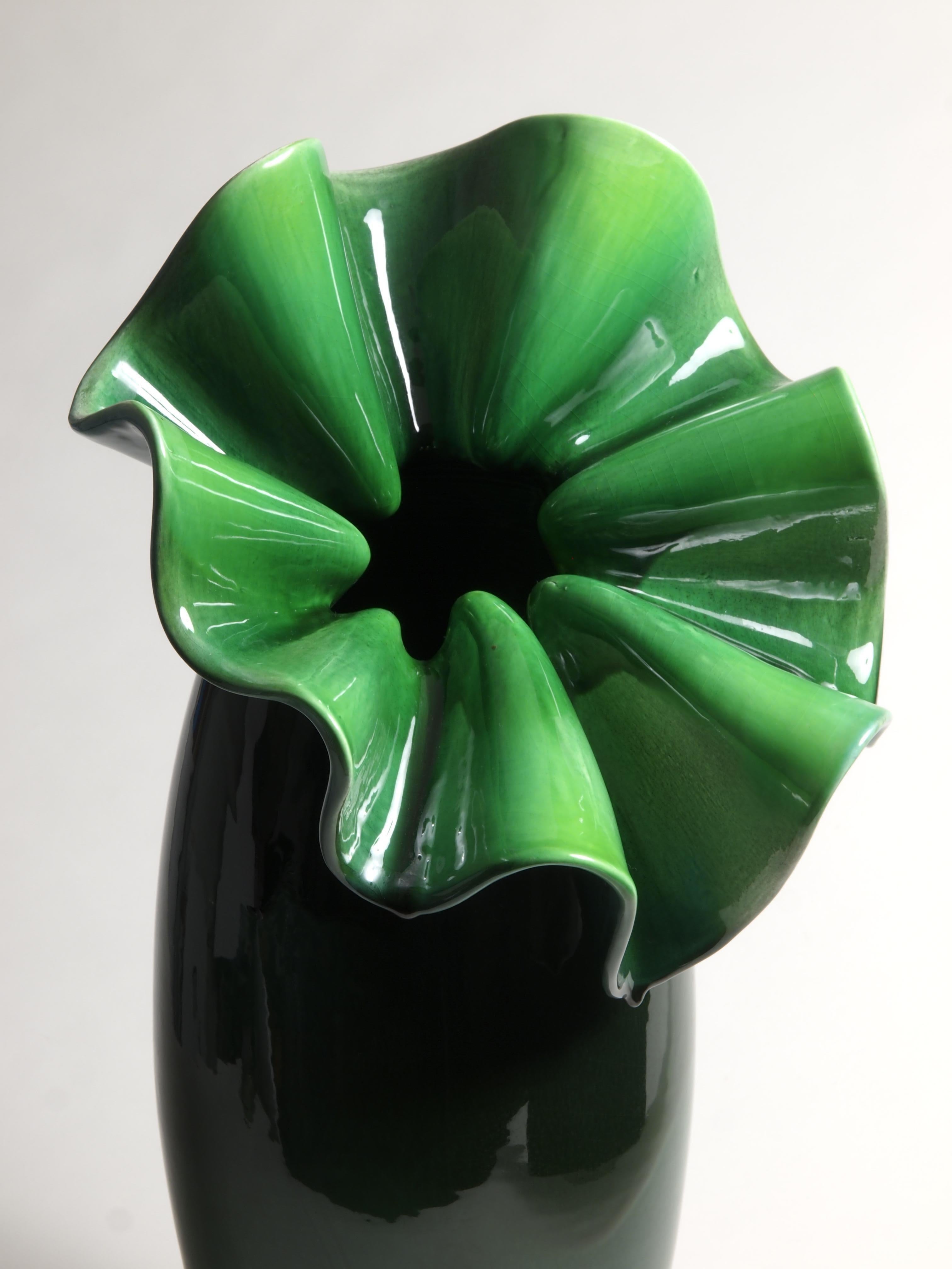 Italian Deep Green Majolica Vase Hand Sculpted Unique Italy 21st Century Contemporary