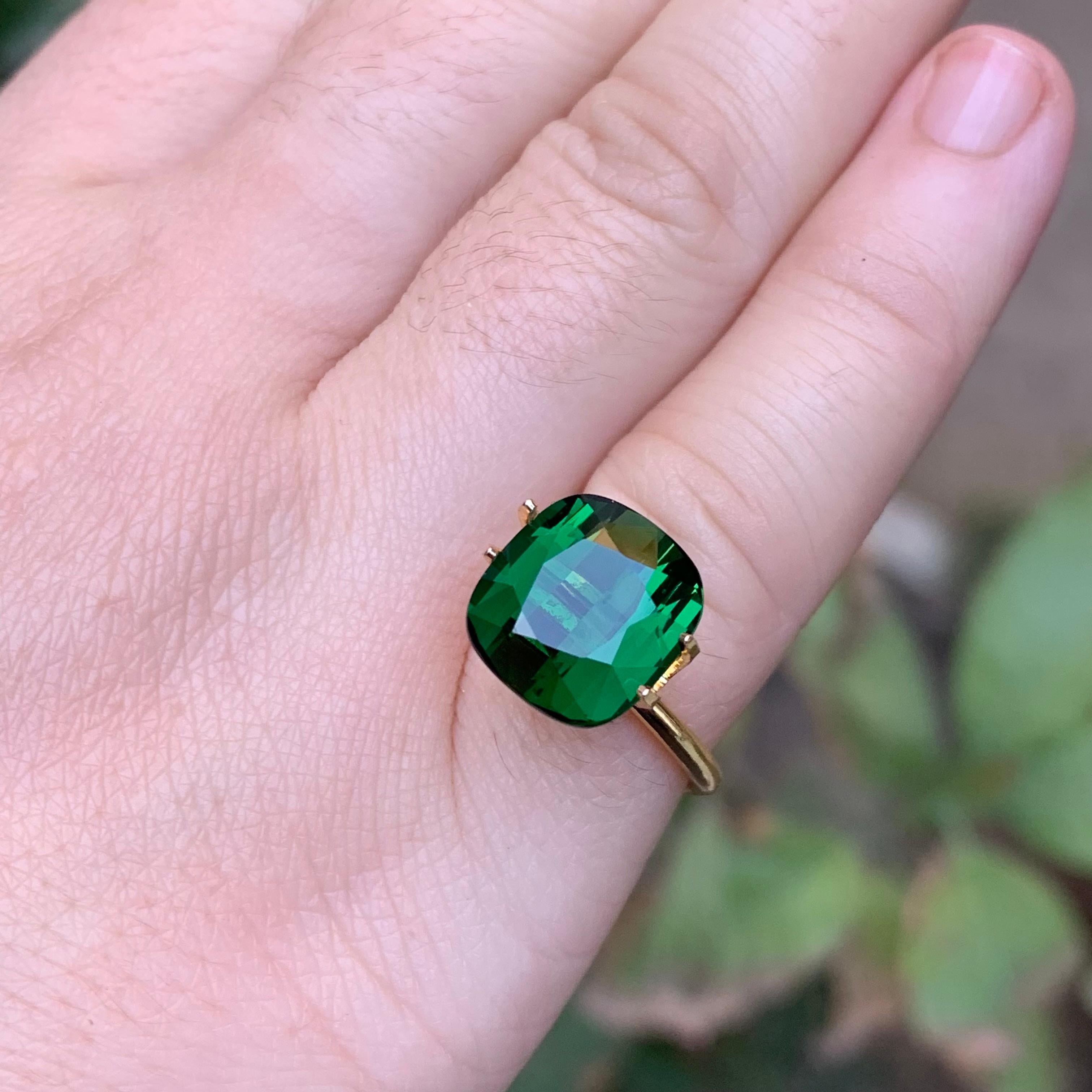 Deep Green Natural Tourmaline Ring Loose Gemstone 6.85 Ct Cushion Cut-Jewelry For Sale 8
