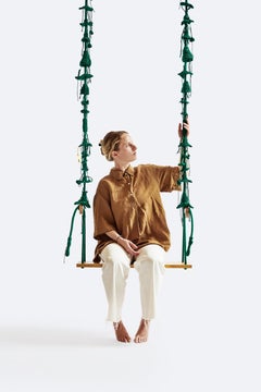 Deep Green Outdoor-Indoor Handmade Crochet Swing in Acrylic with Teak Seat