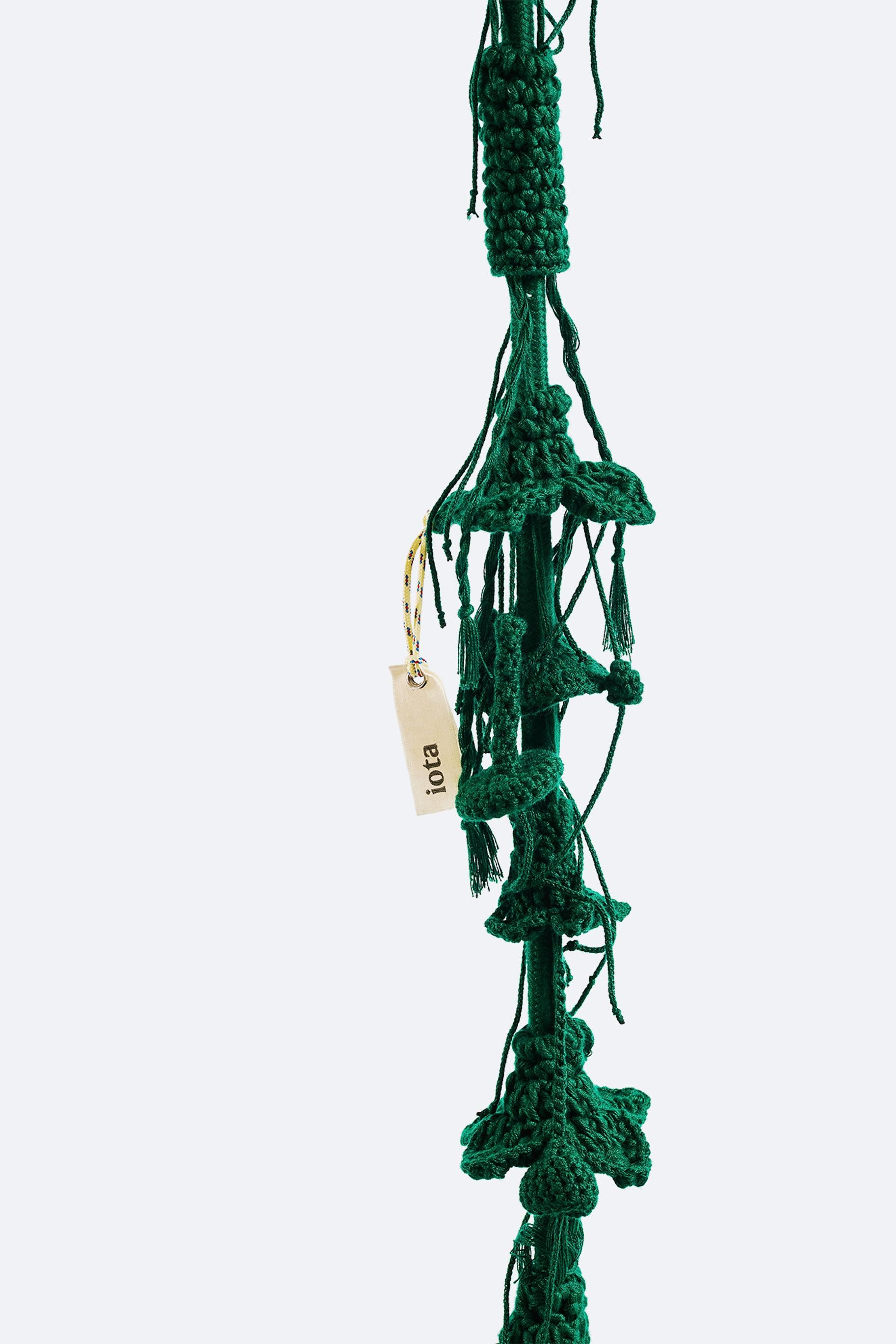 Israeli Deep Green Outdoor-Indoor Handmade Crochet Swing in Acrylic with Teak Seat For Sale