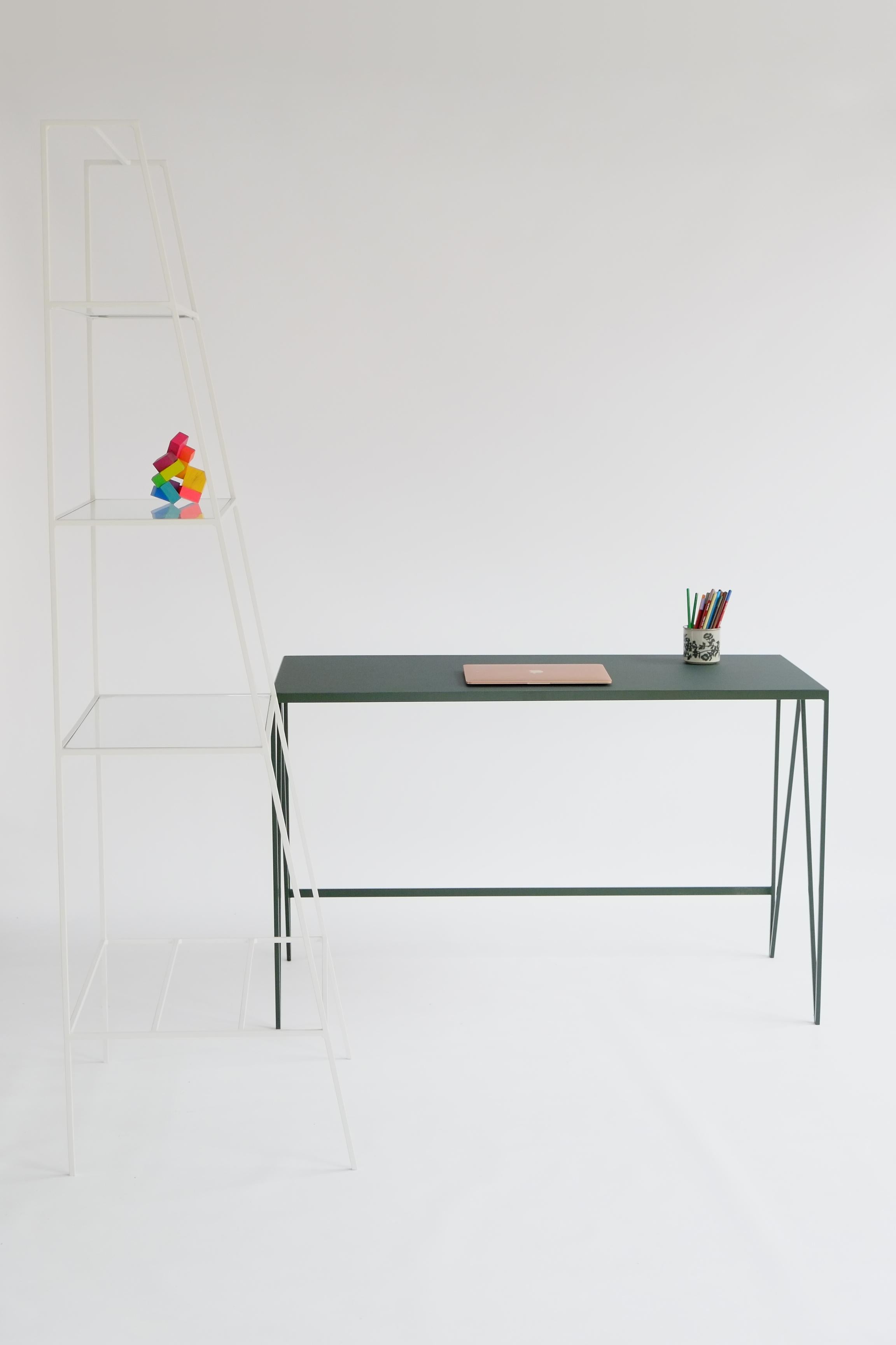 Scandinavian Modern Deep Green Study Desk with Natural Linoleum Table Top, Customizable For Sale