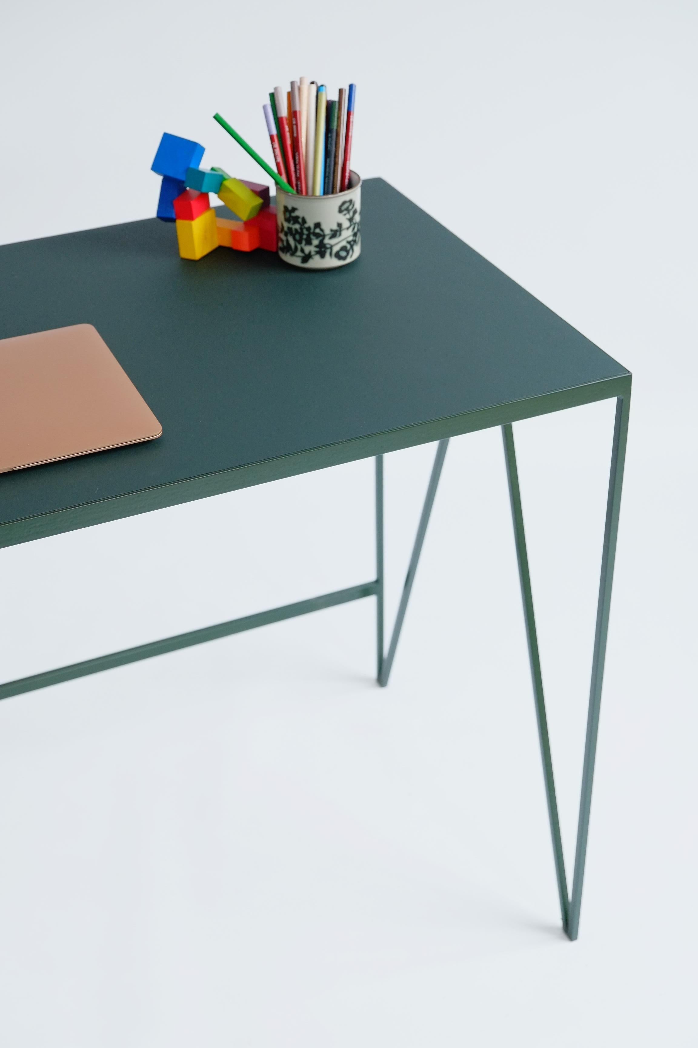 Welded Deep Green Study Desk with Natural Linoleum Table Top, Customizable For Sale
