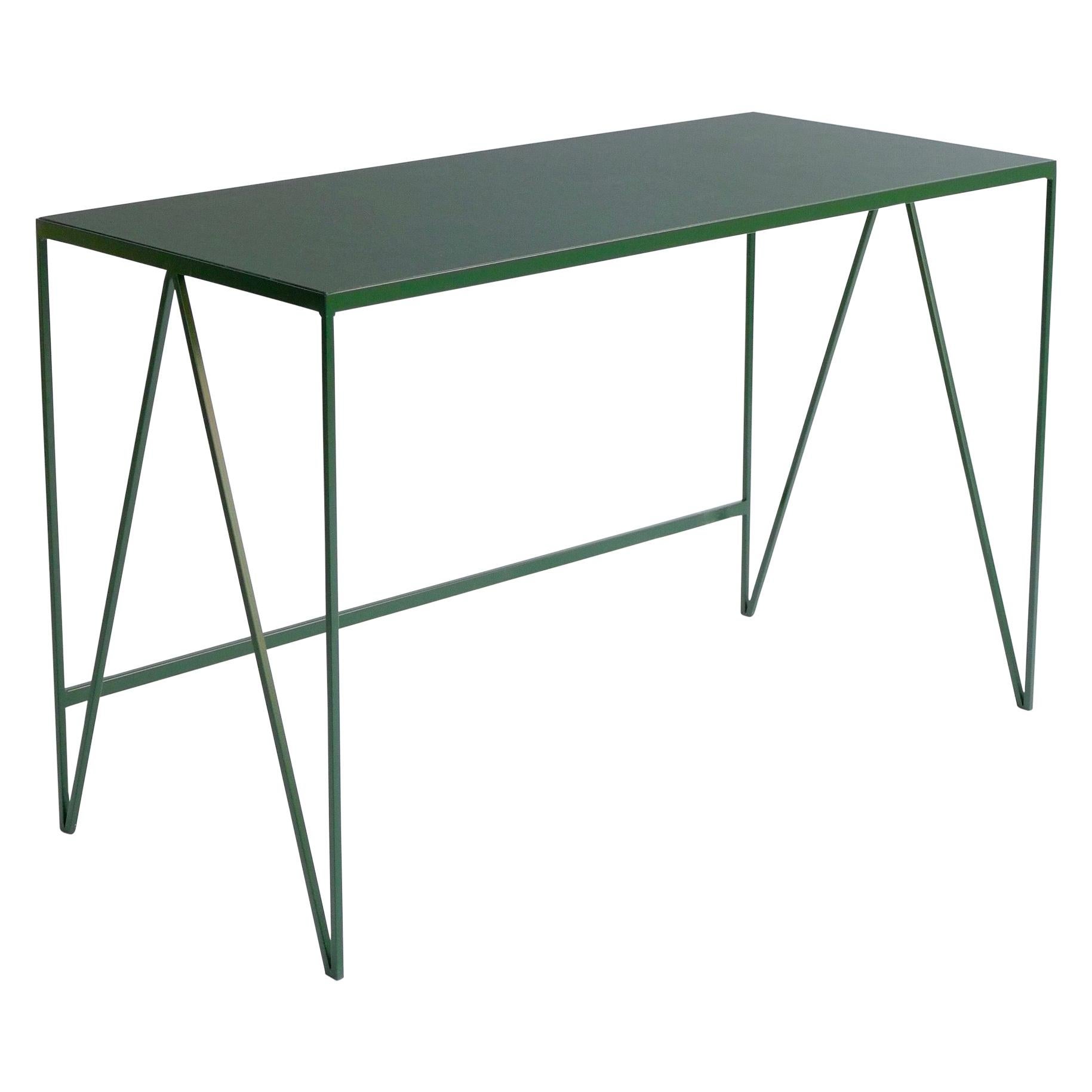 Deep Green Study Desk with Natural Linoleum Table Top, Customizable For Sale