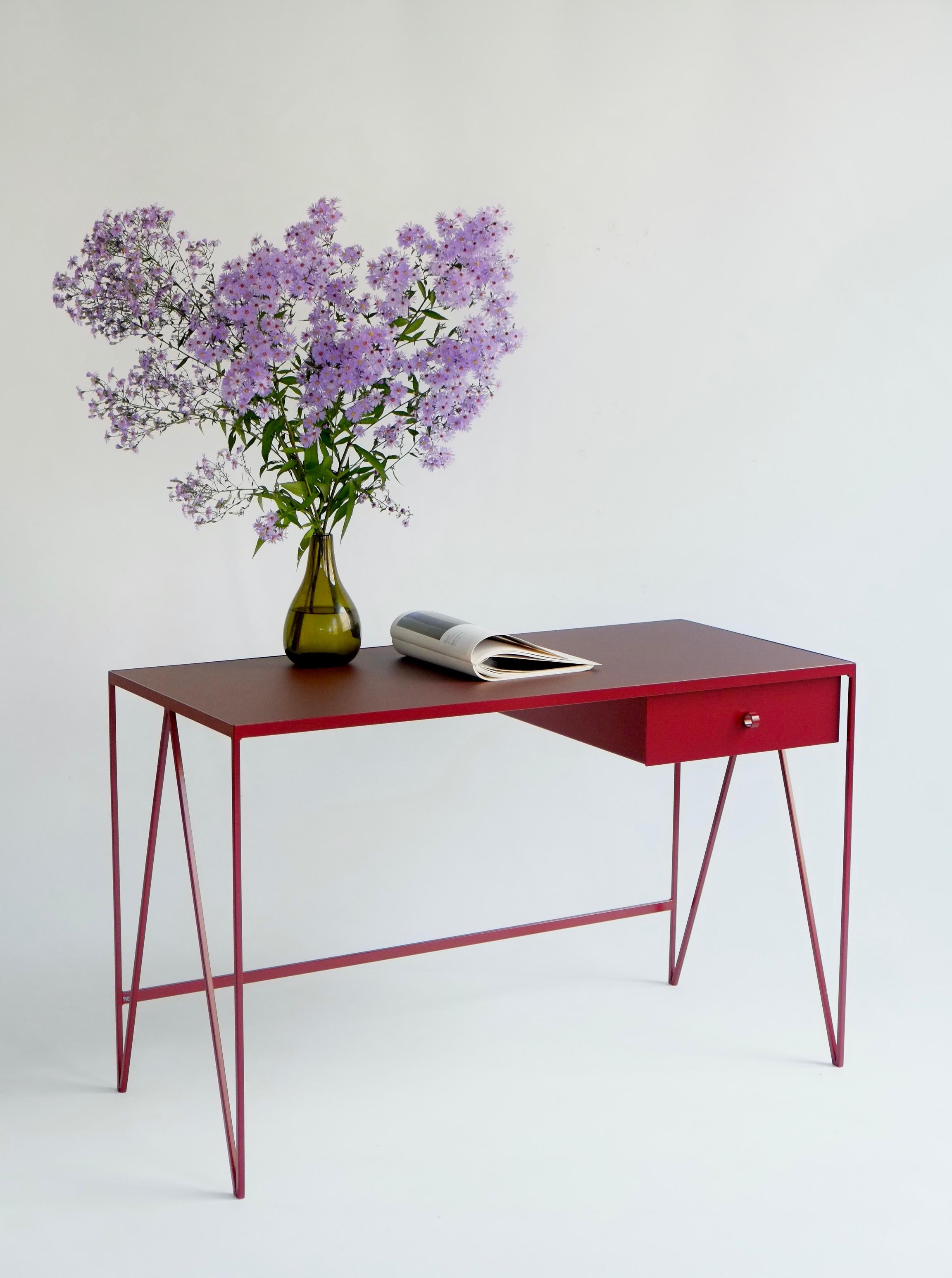 Deep Green Study Desk with Natural Linoleum Table Top, Customizable For Sale 1