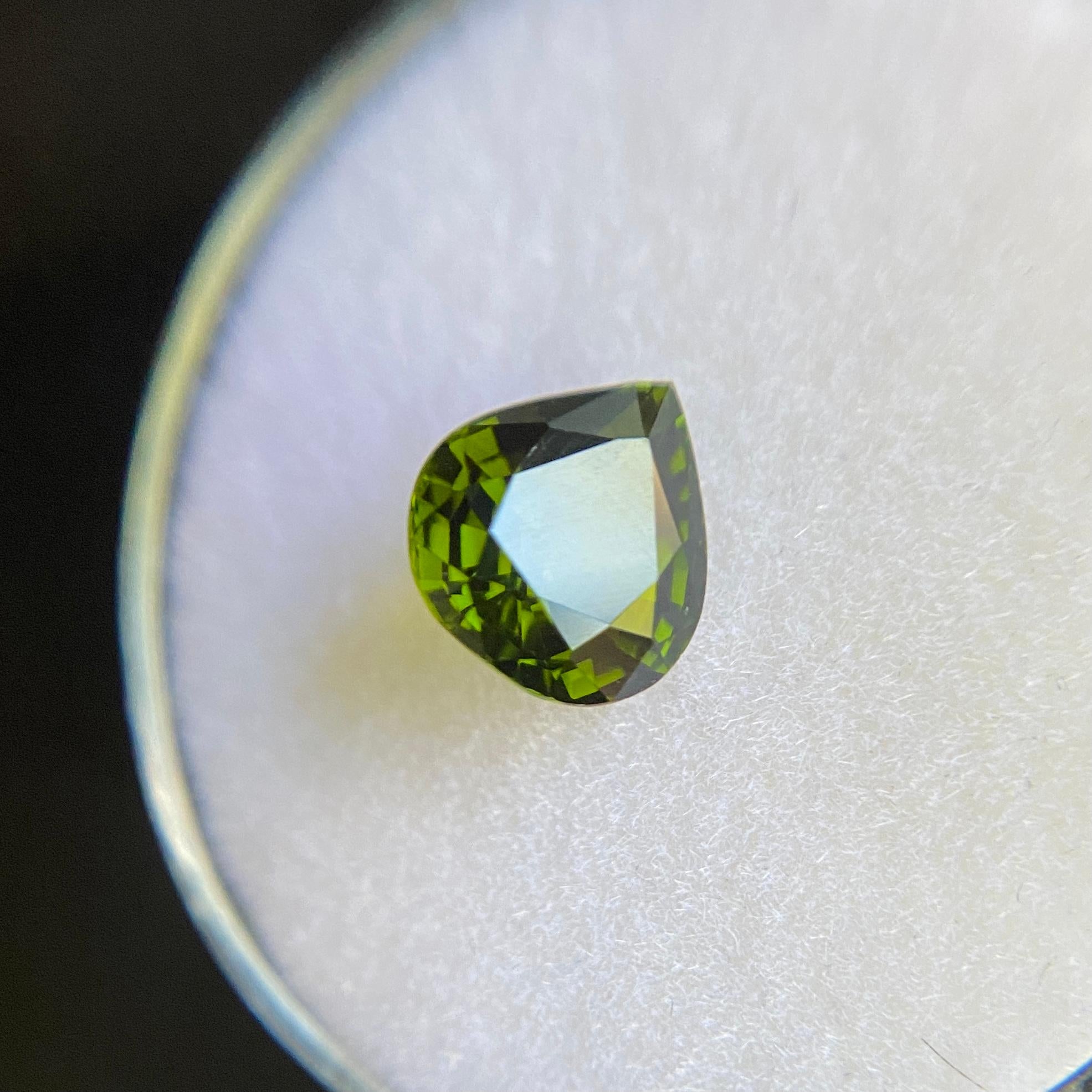 Natural Deep Green Tourmaline Gemstone.

1.17 Carat with a beautiful deep green colour and very good clarity, some small natural inclusions visible when looking closely. No breaks or cracks.

Also has a very good pear cut with good proportions and