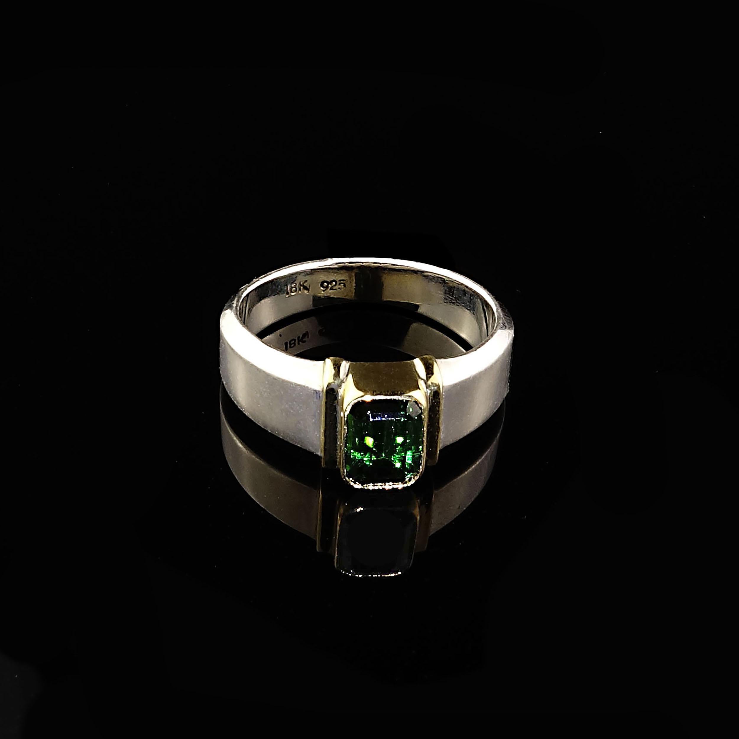 Artisan Deep Green Tourmaline in Sterling Silver Ring with 18 Karat Gold 