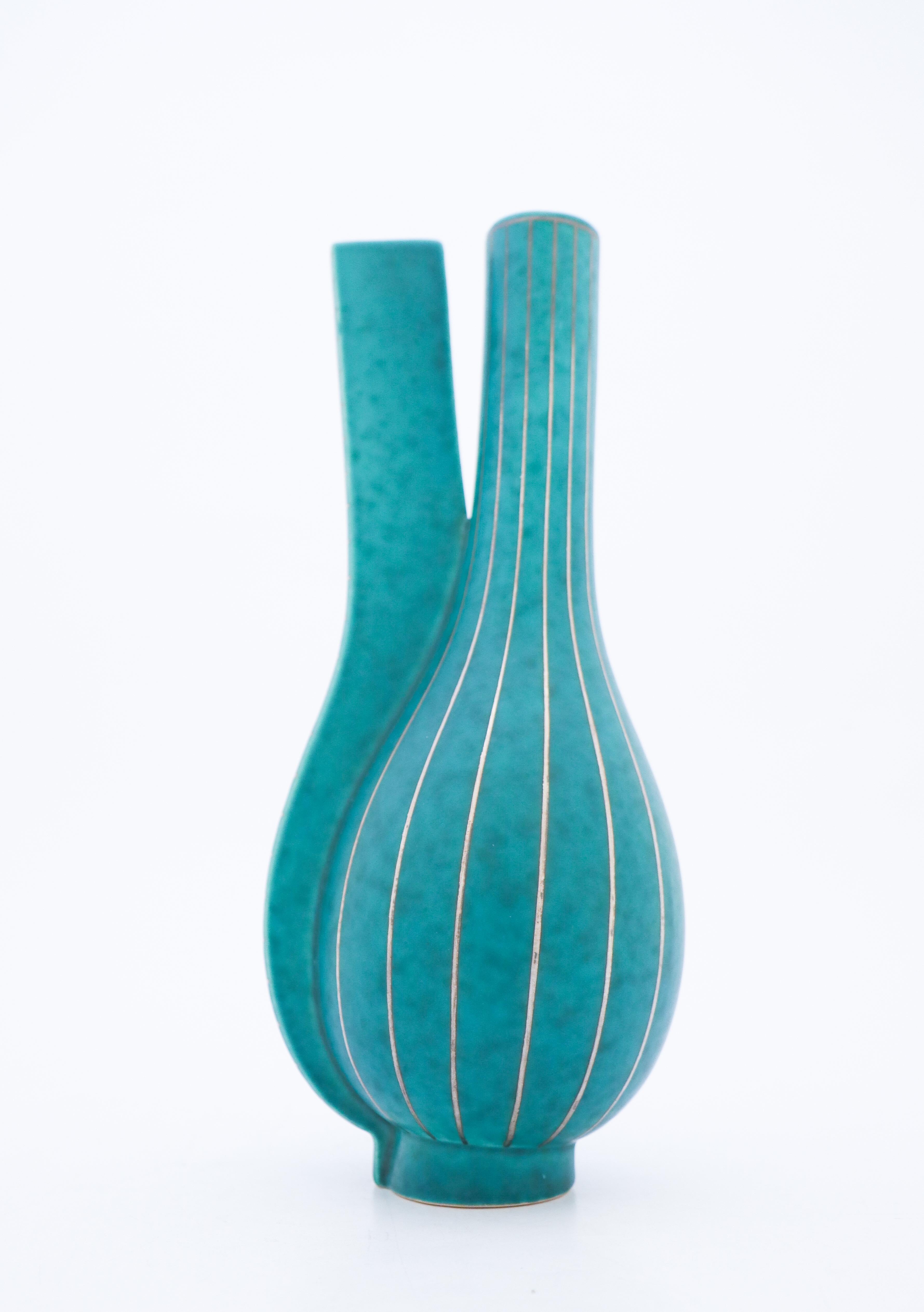 Scandinavian Modern Deep Green Vase Argenta / Surrea Wilhelm Kåge Gustavsberg Green, Silver Decor