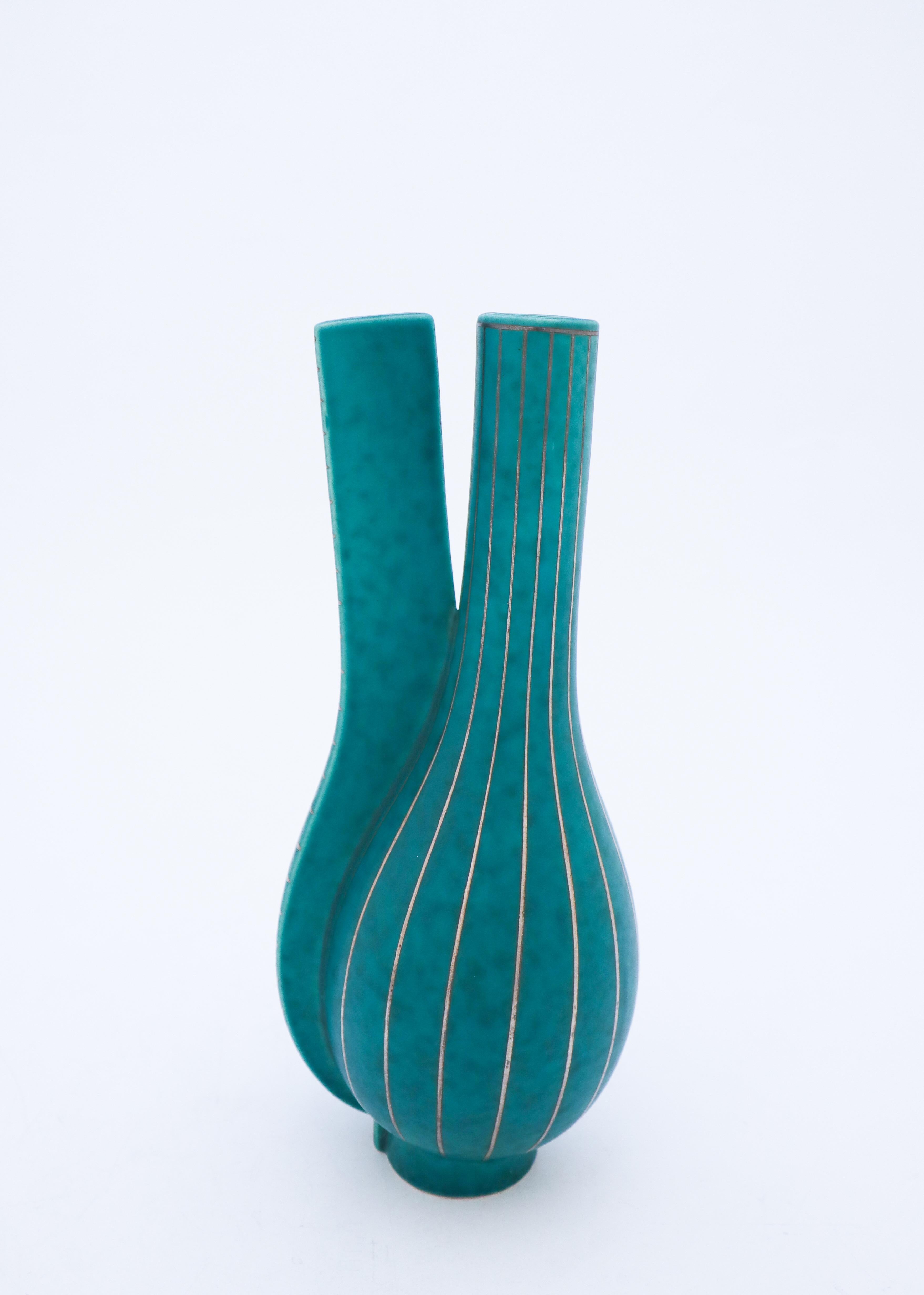 Swedish Deep Green Vase Argenta / Surrea Wilhelm Kåge Gustavsberg Green, Silver Decor