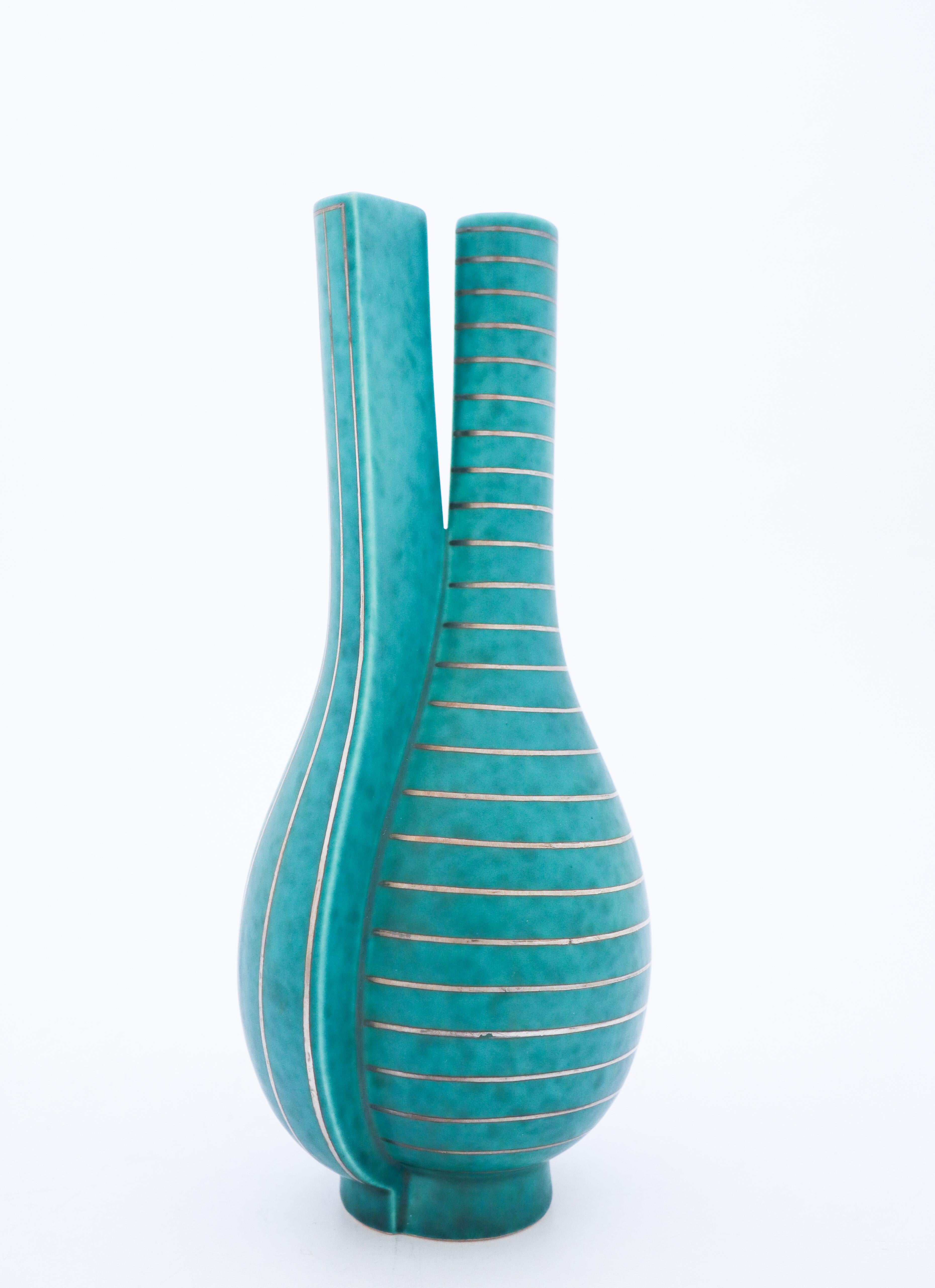 Glazed Deep Green Vase Argenta / Surrea Wilhelm Kåge Gustavsberg Green, Silver Decor