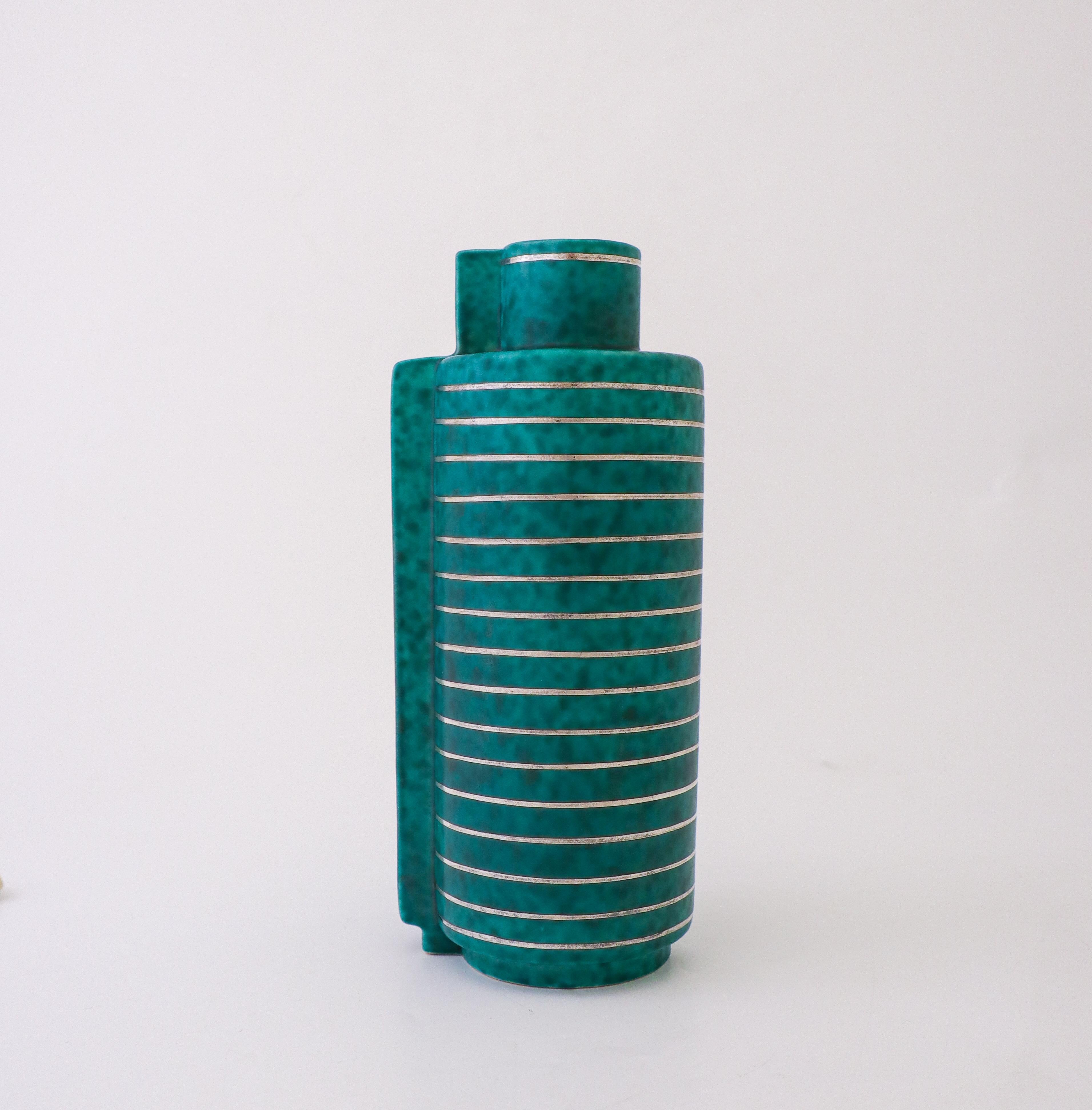 Deep Green Vase Argenta / Surrea Wilhelm Kåge Gustavsberg Green, Silver Decor In Excellent Condition For Sale In Stockholm, SE