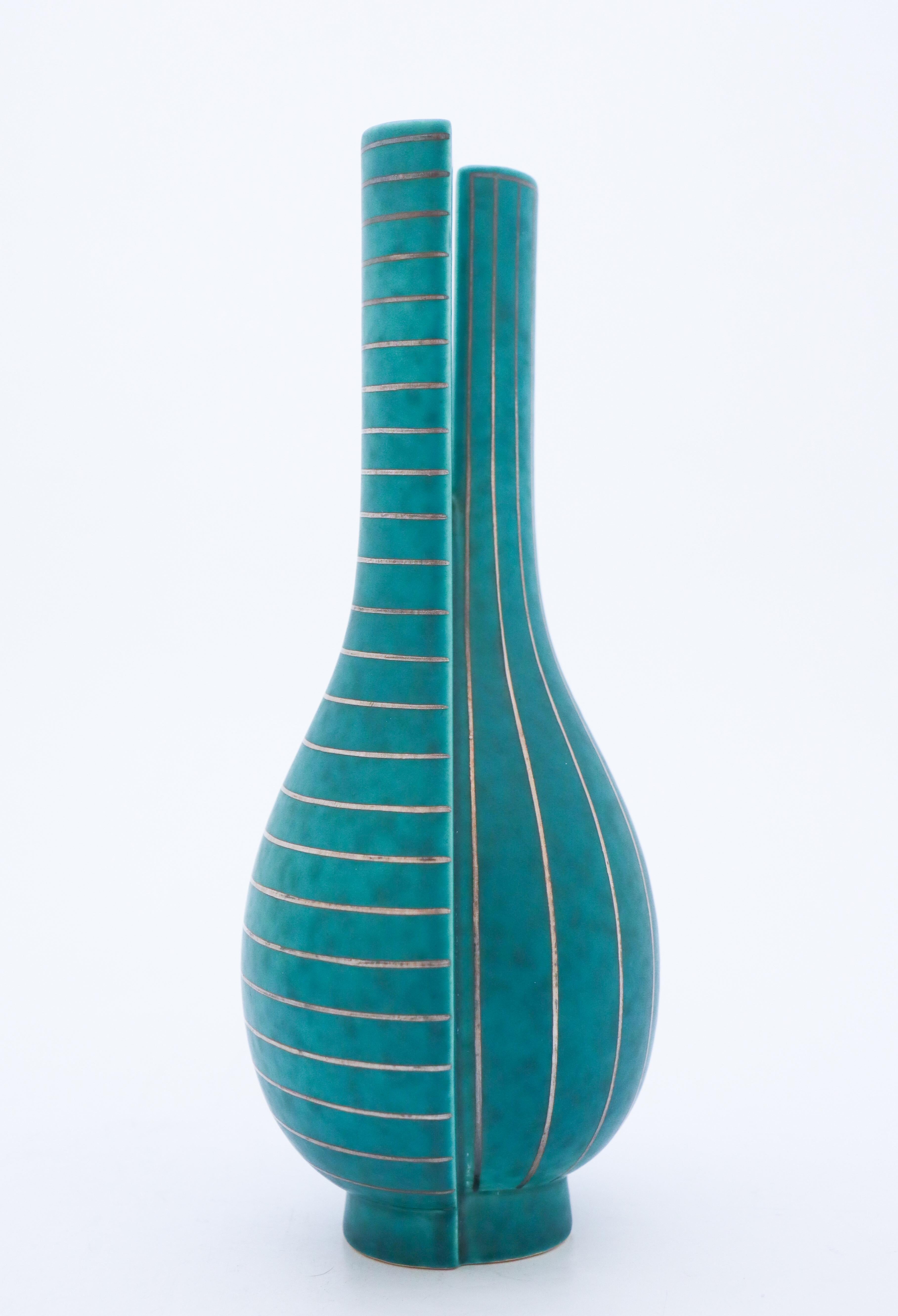 Stoneware Deep Green Vase Argenta / Surrea Wilhelm Kåge Gustavsberg Green, Silver Decor