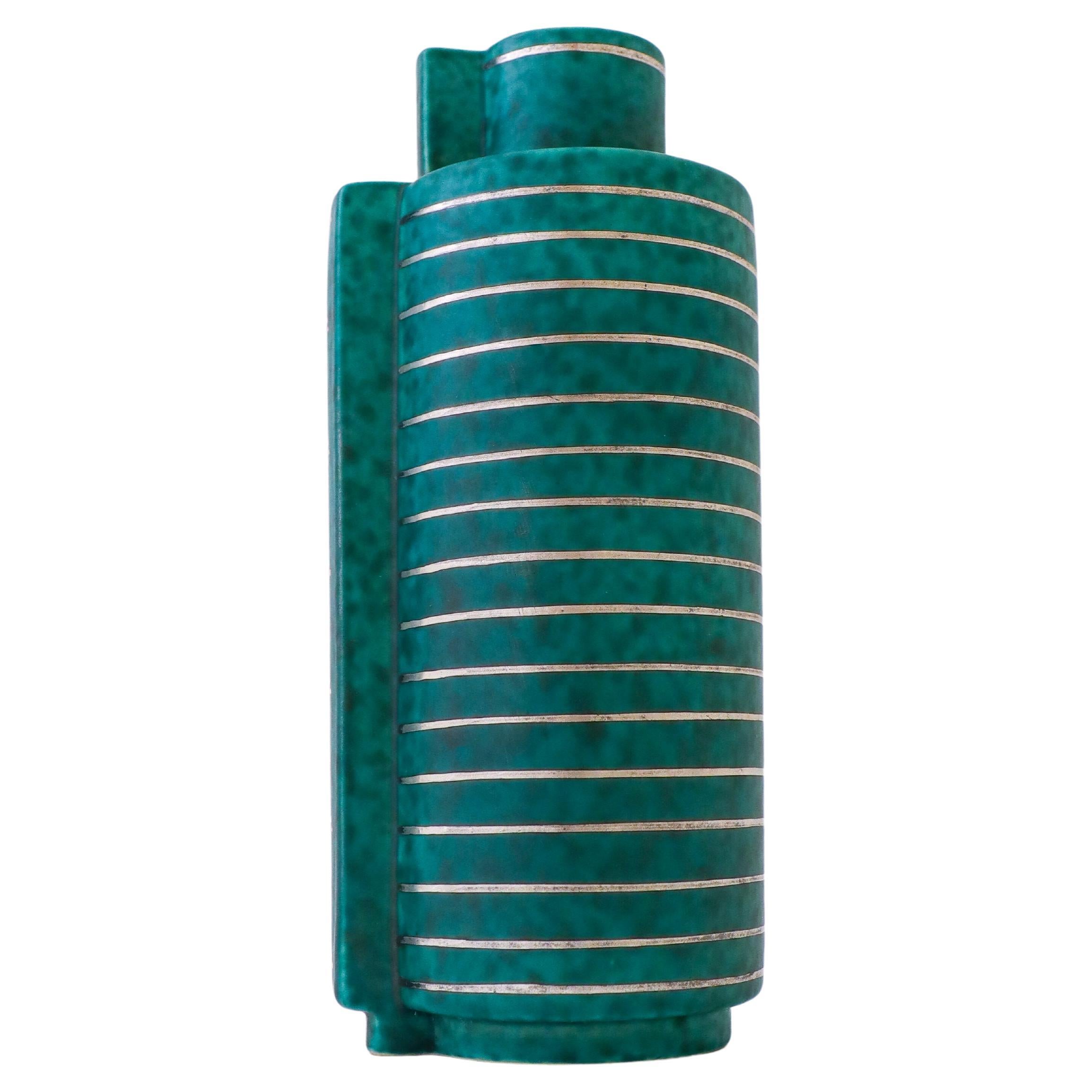 Deep Green Vase Argenta / Surrea Wilhelm Kåge Gustavsberg Green, Silver Decor For Sale