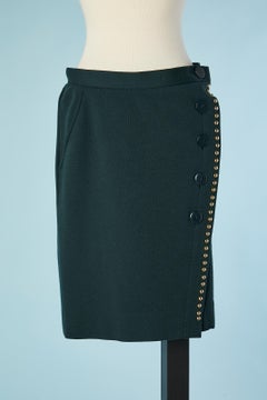 Deep green wool jersey wrap dress with gold stud Yves Saint Laurent Rive Gauche