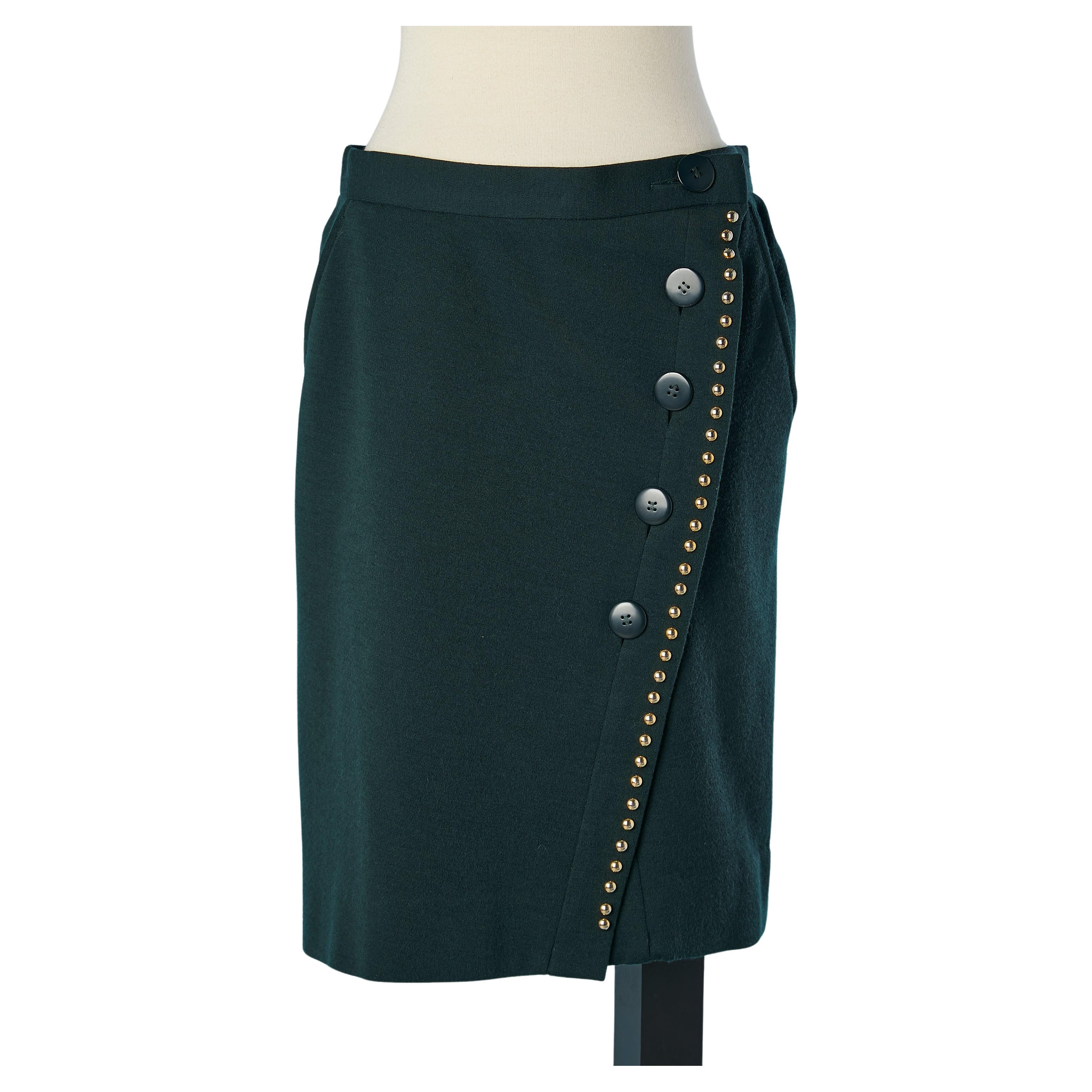 Tiefgrünes Wickelkleid aus Wolljersey mit goldenem Nieten Yves Saint Laurent Rive Gauche  im Angebot