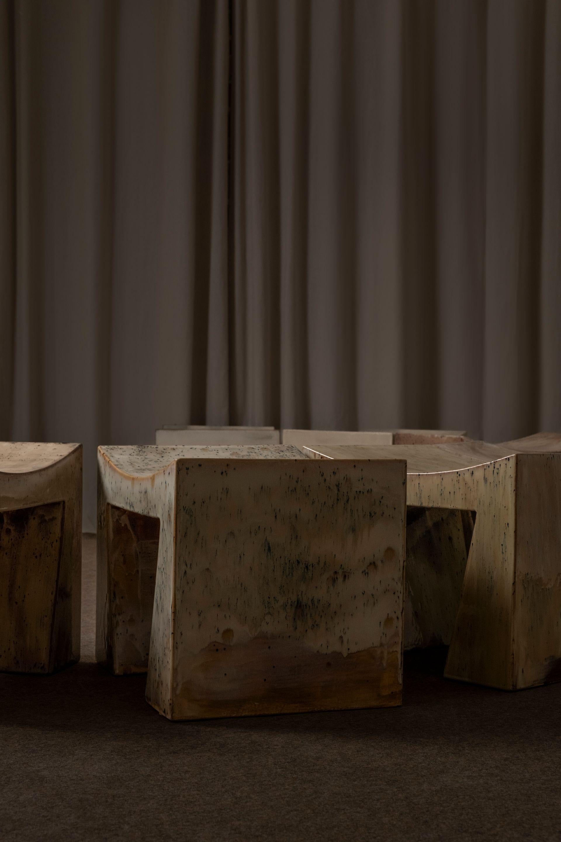 Artistic Washed Blue and Earthy Brown Contemporary Ceramic Bench by Elsa Foulon For Sale 6