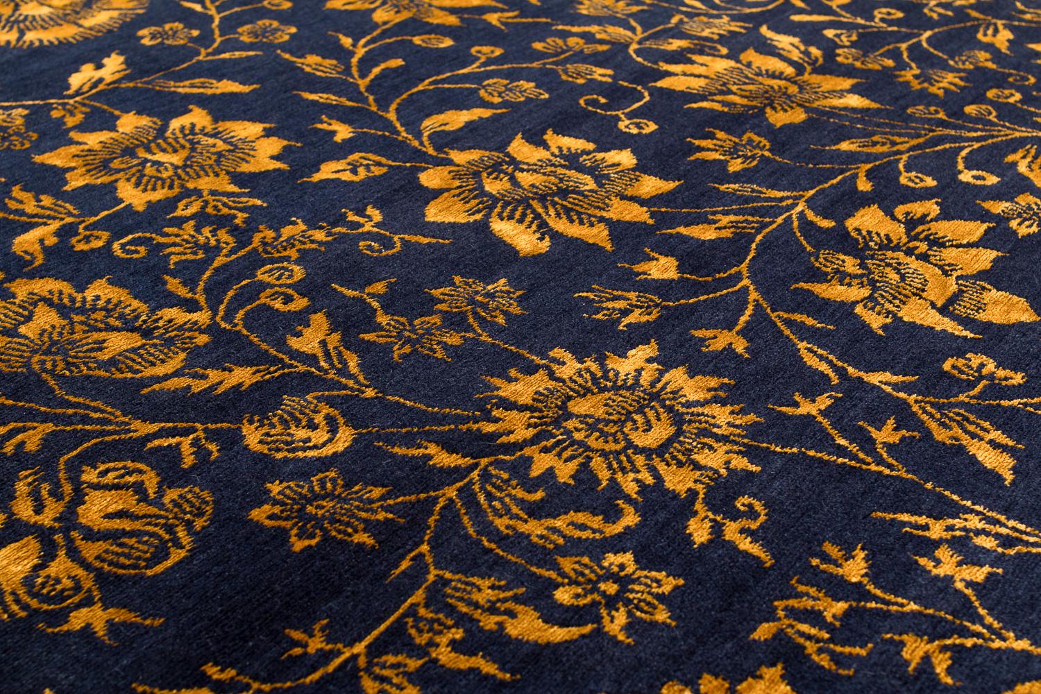 Tibetan Deep Navy Blue and Gold Traditional Floral Rug