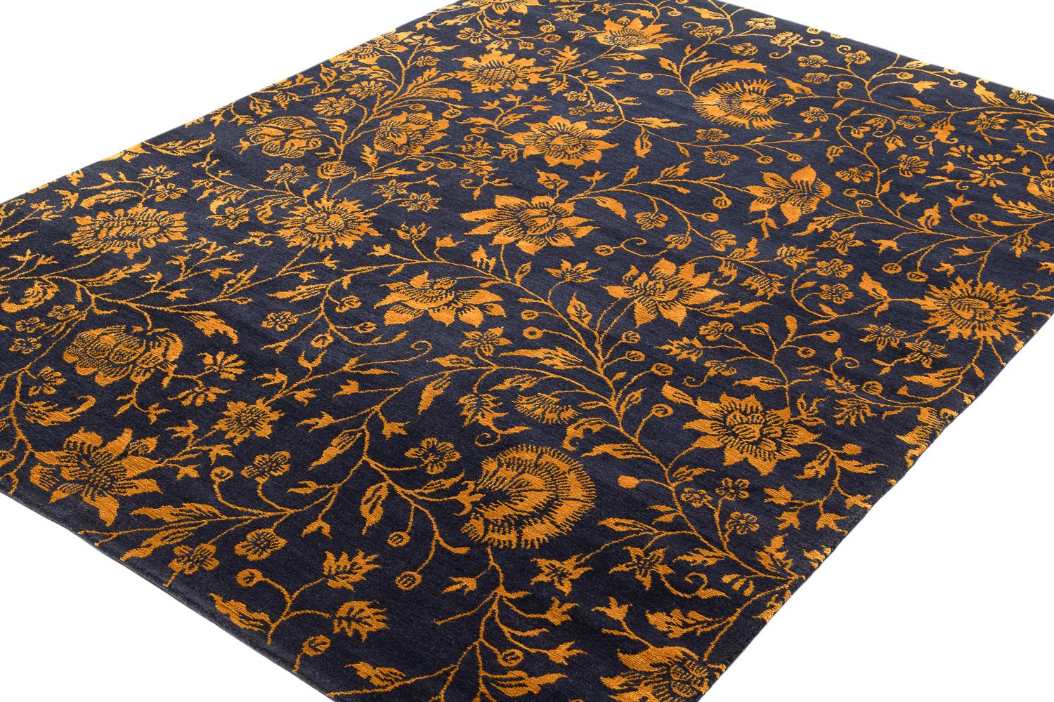 Nepalese Deep Navy Blue and Gold Traditional Floral Rug