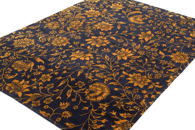 Deep Navy Blue and Gold Traditional Floral Rug For Sale at 1stDibs