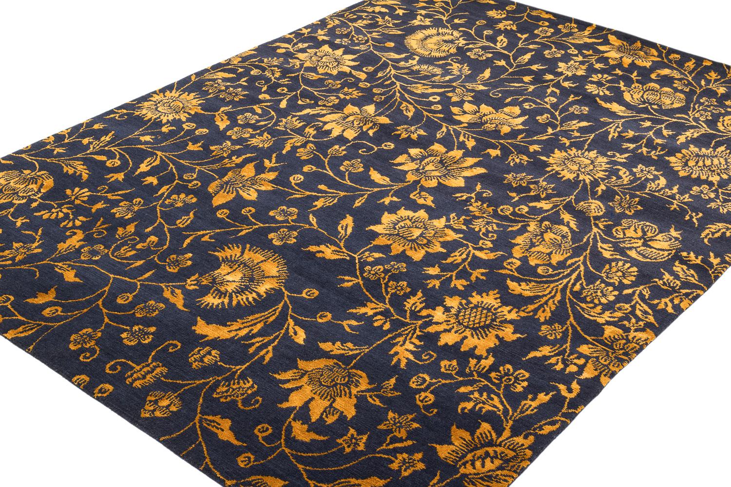 Hand-Woven Deep Navy Blue and Gold Traditional Floral Rug