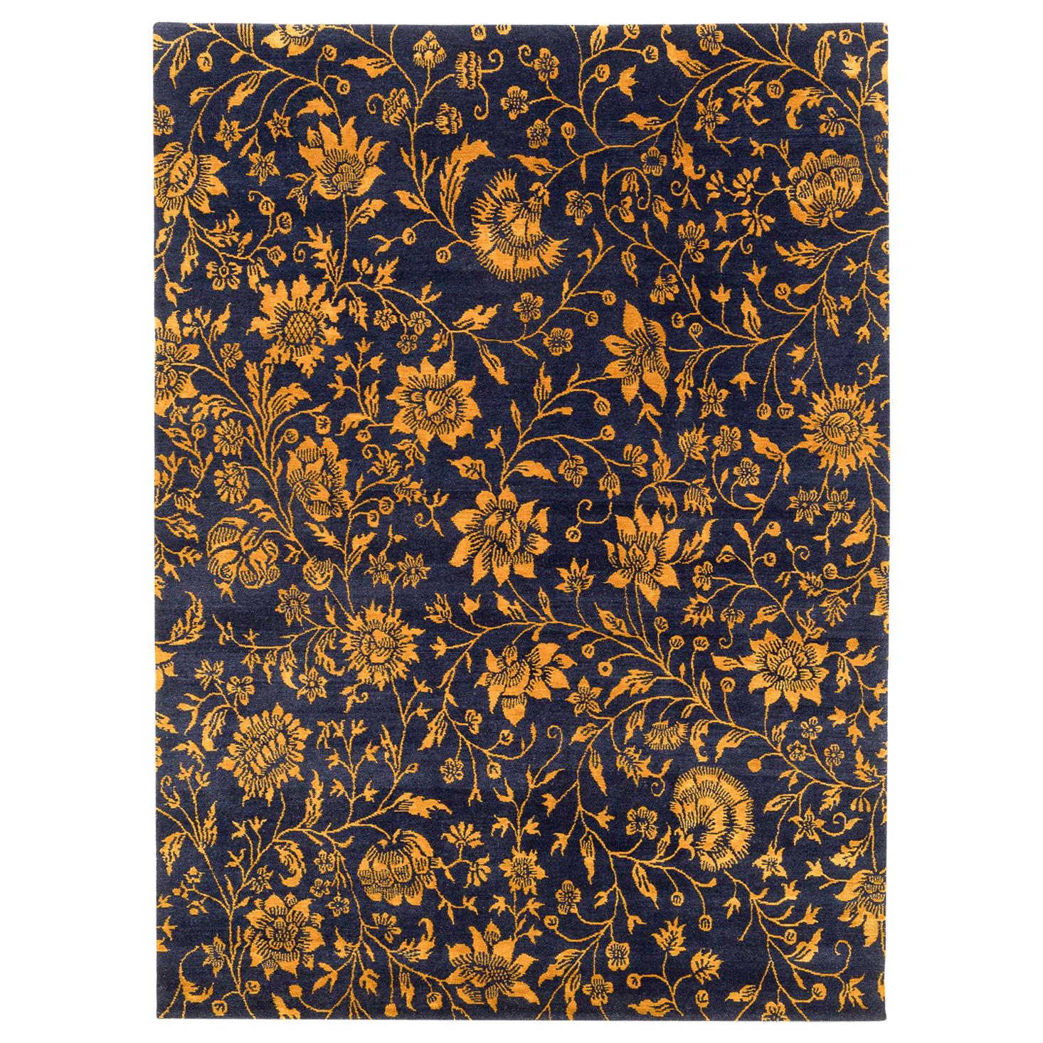 Deep Navy Blue and Gold Traditional Floral Rug