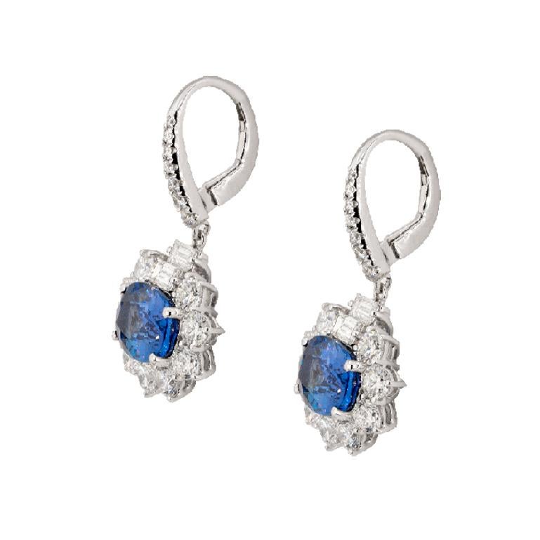 Deep Ocean Blue Eyes Earrings with Diamond 4.22 Carat, Diamond Baguette 0.89 Carat,
Sapphire 8.71 Carat