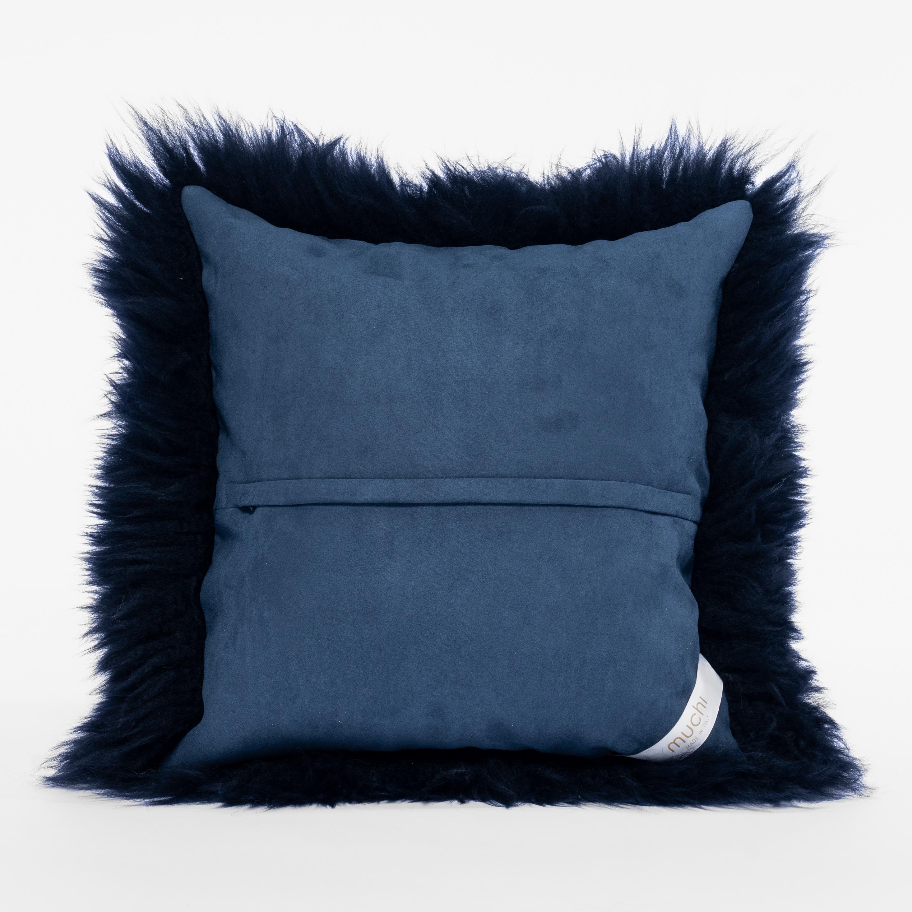 Modern Shearling Sheepskin Dark Blue Cushion by Muchi Decor, Made in Italy For Sale