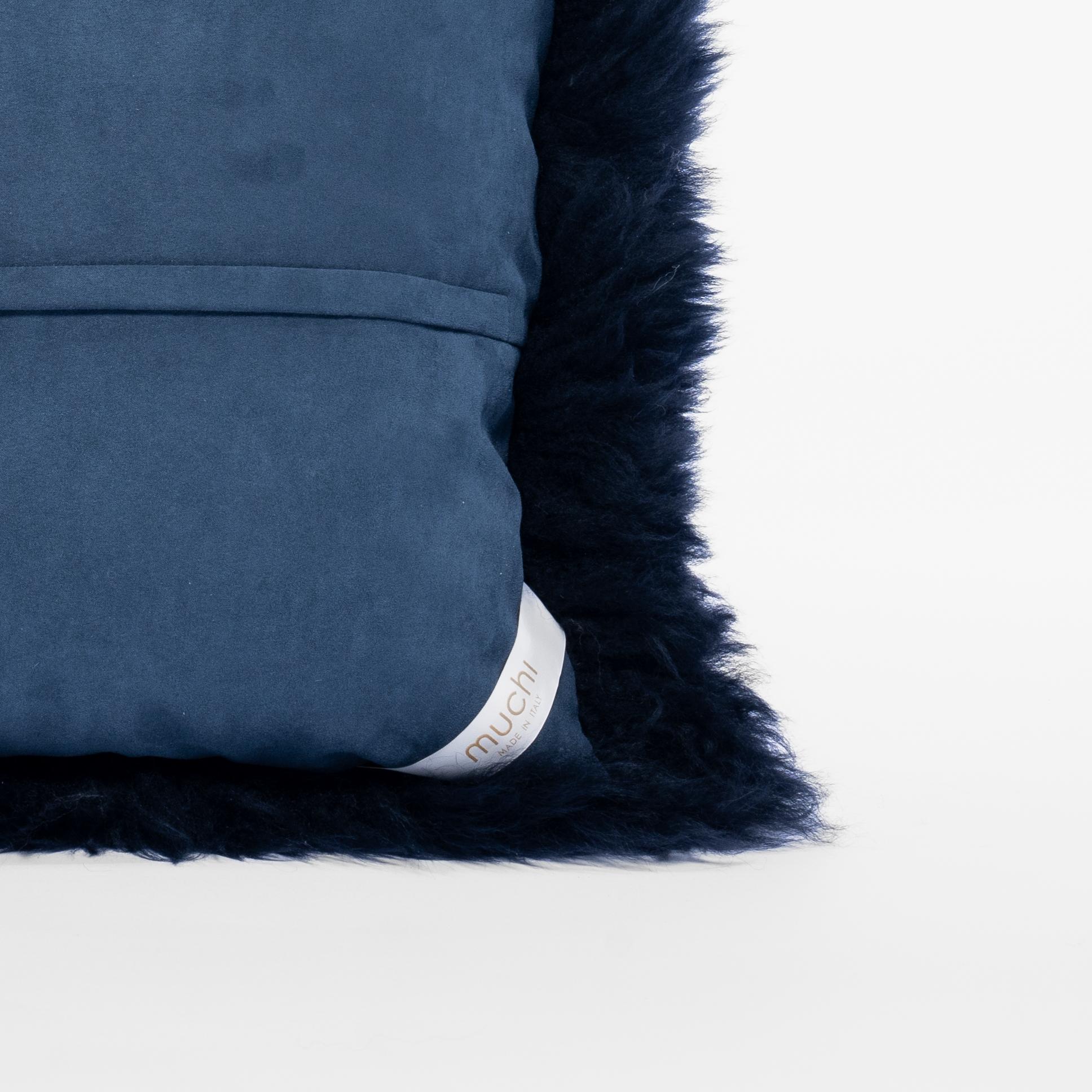 Italian Shearling Sheepskin Dark Blue Cushion by Muchi Decor, Made in Italy For Sale