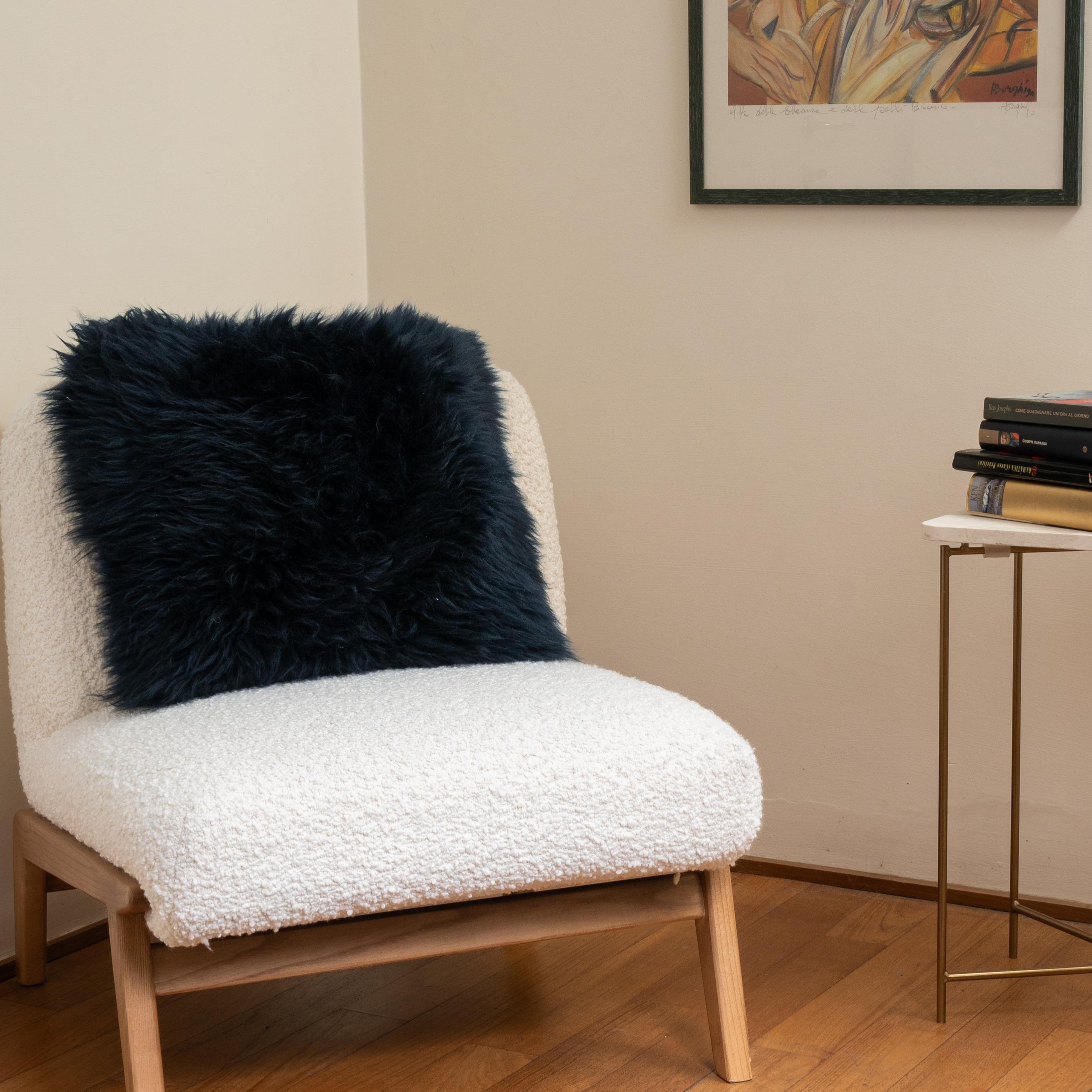 Hand-Crafted Shearling Sheepskin Dark Blue Cushion by Muchi Decor, Made in Italy For Sale