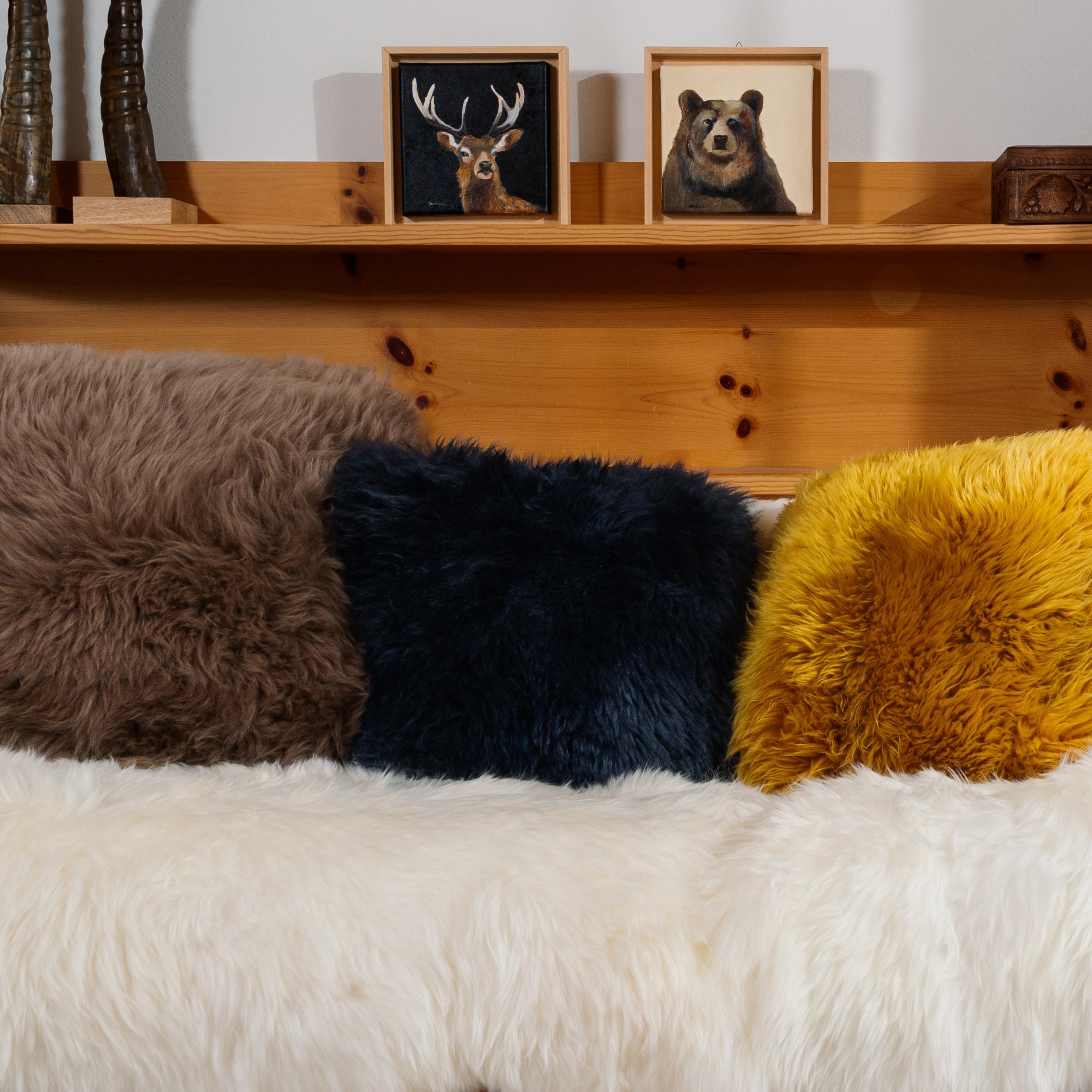 Contemporary Shearling Sheepskin Dark Blue Cushion by Muchi Decor, Made in Italy For Sale