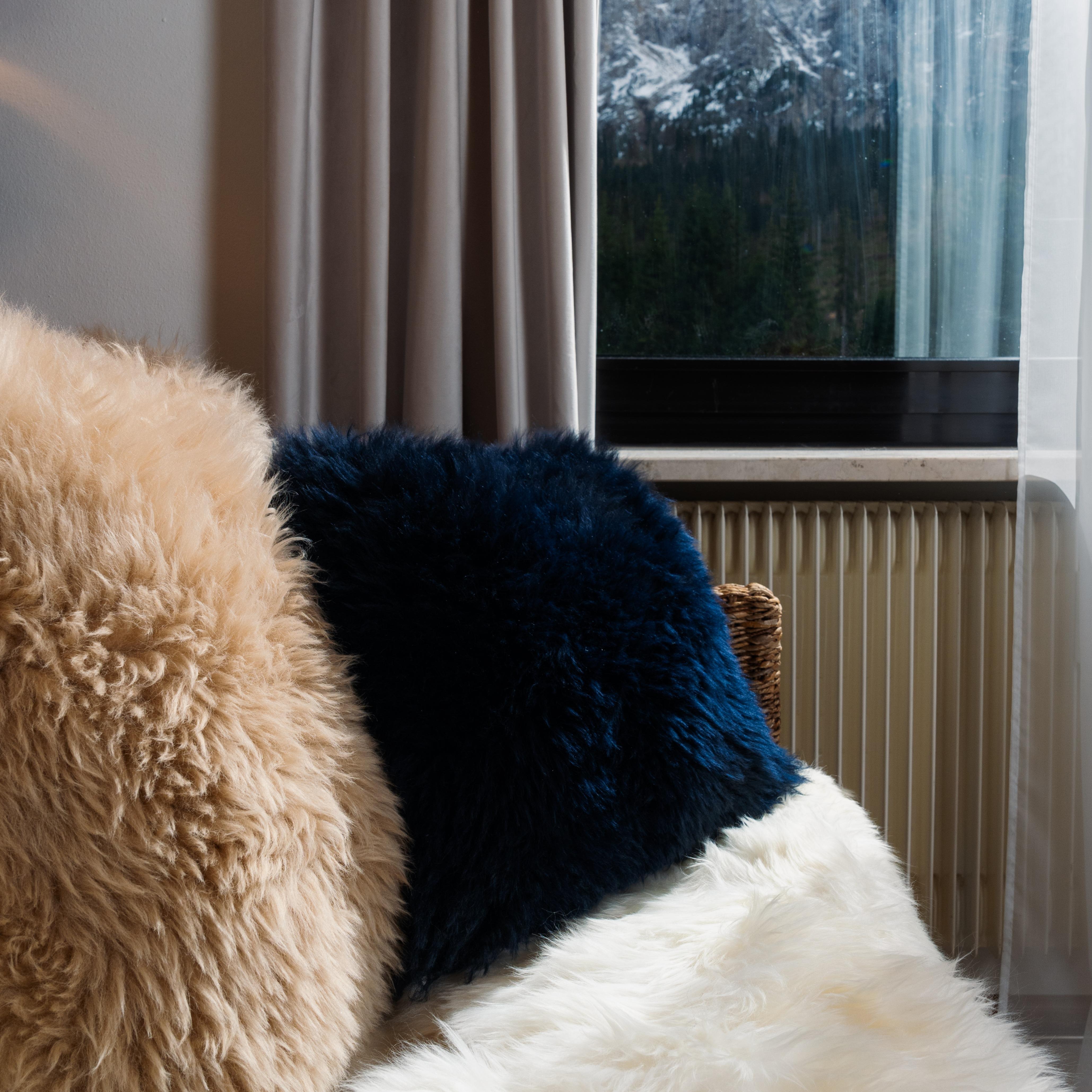 Fur Shearling Sheepskin Dark Blue Cushion by Muchi Decor, Made in Italy For Sale