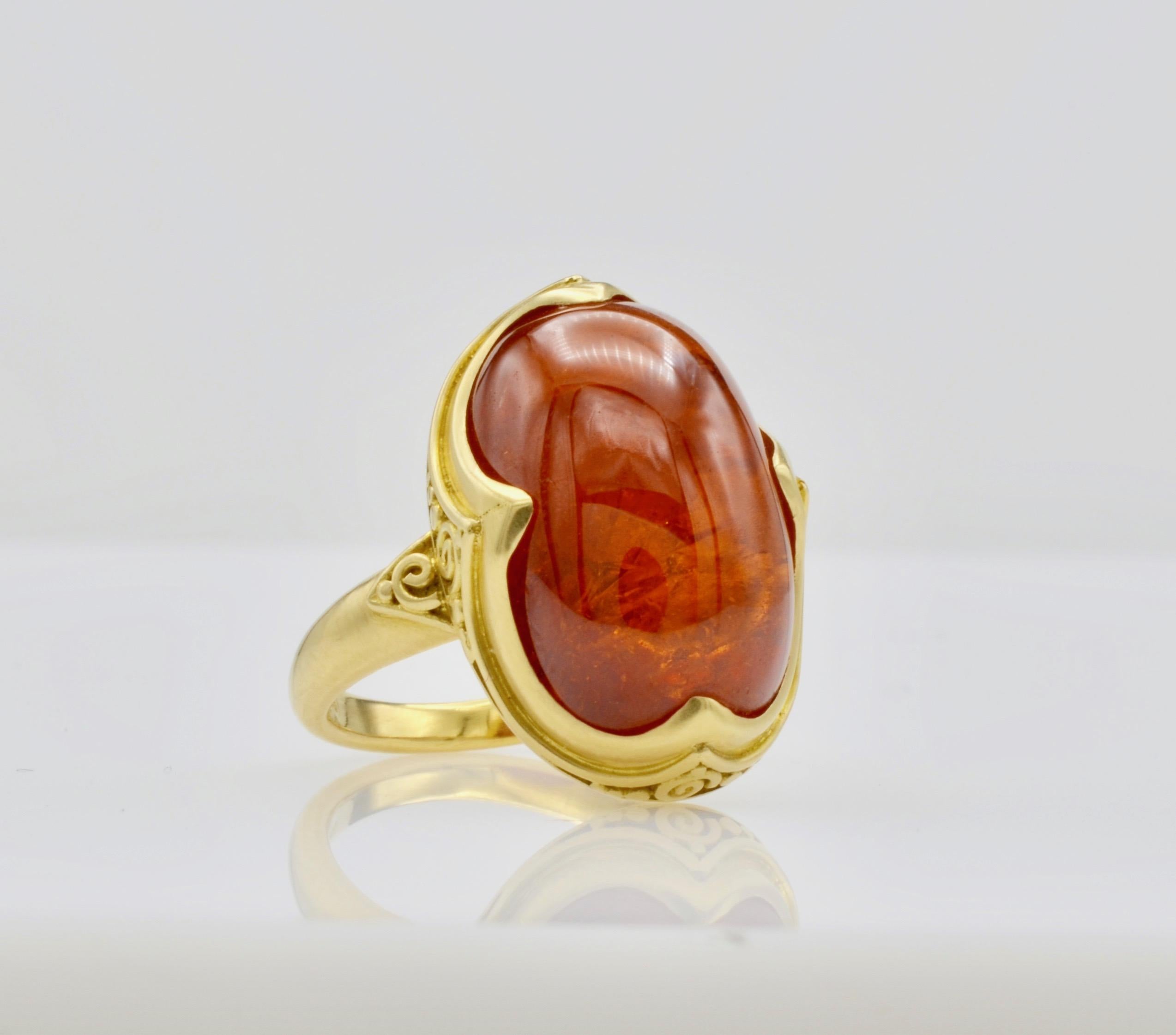 Romantic Deep Orange 9.80 Carats Tourmaline Cabochon 18 Karat Granulated Gold Ring For Sale