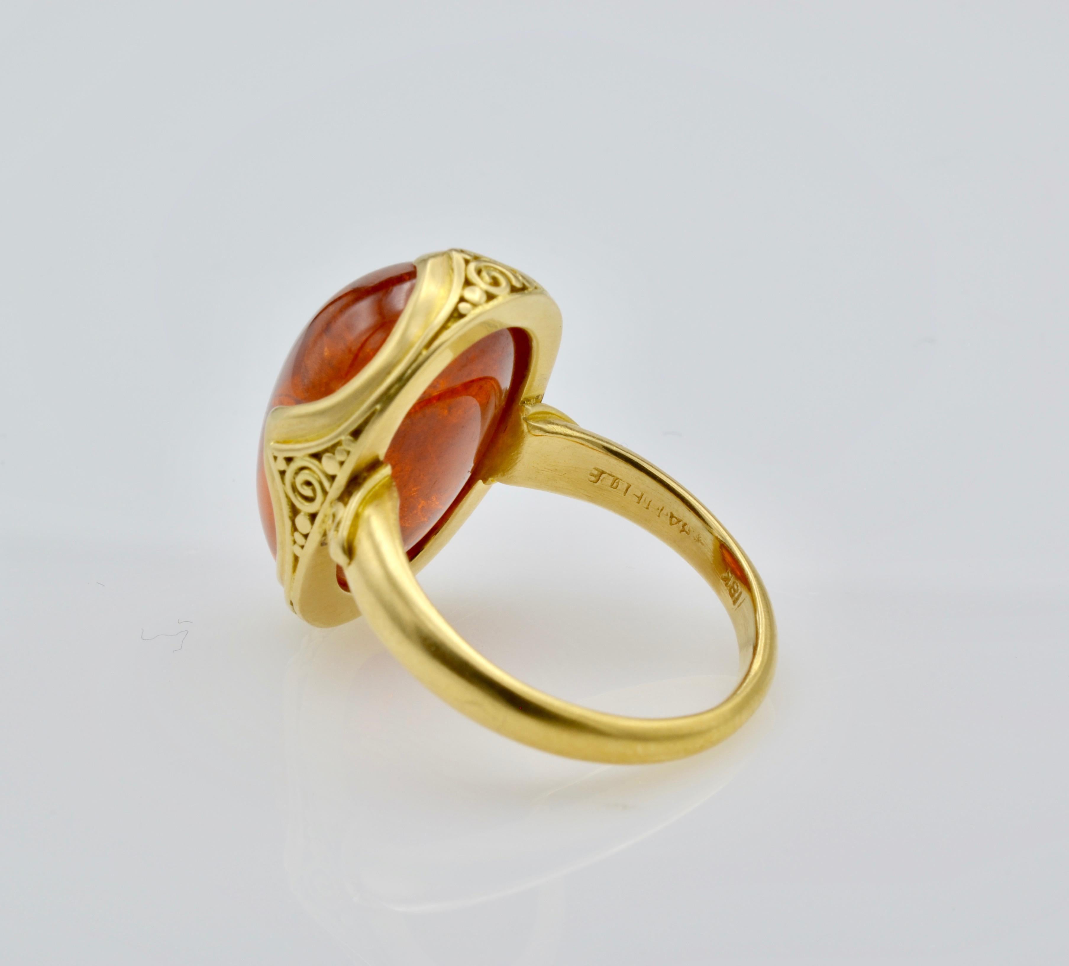 Deep Orange 9.80 Carats Tourmaline Cabochon 18 Karat Granulated Gold Ring For Sale 3