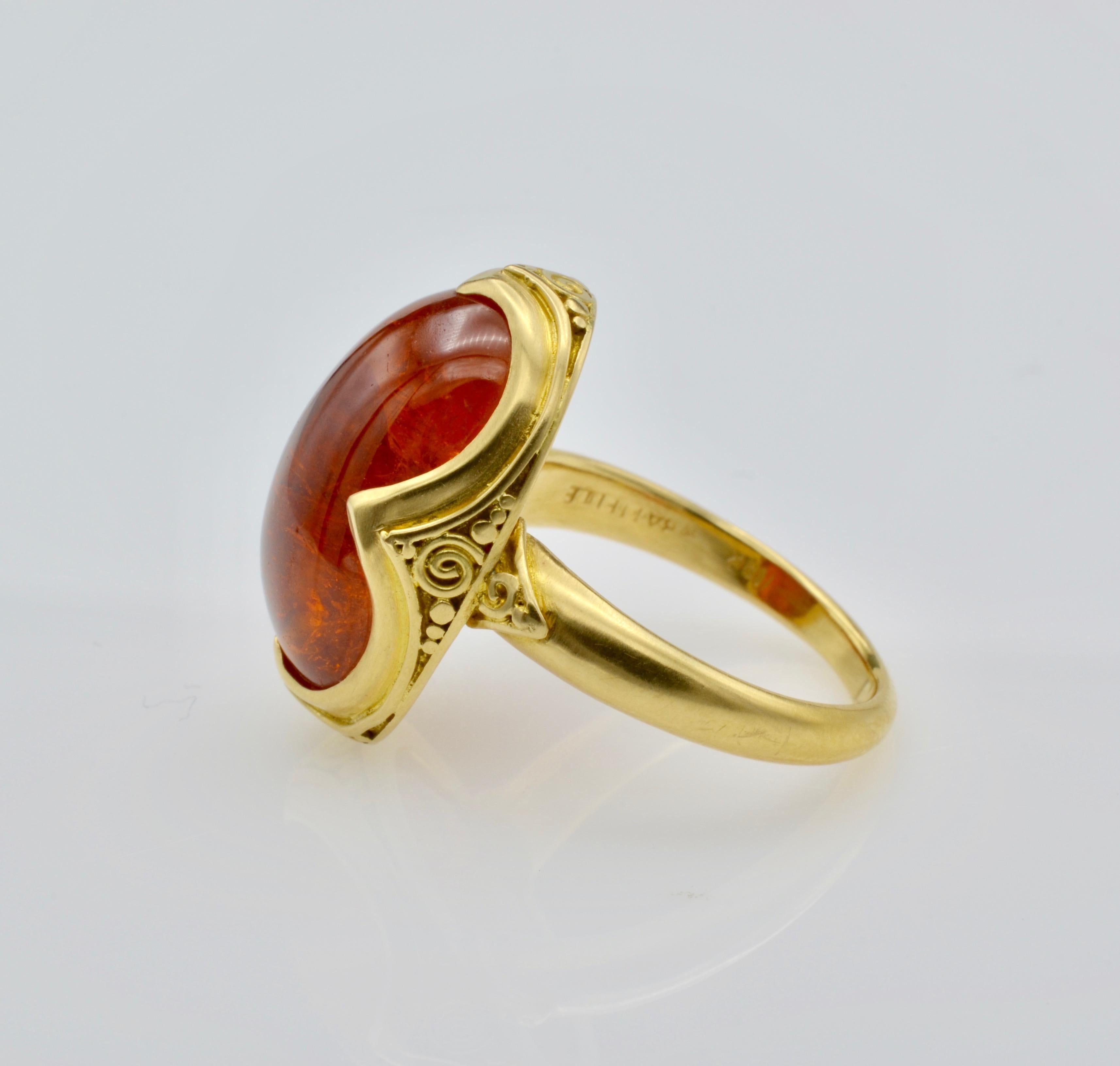 Deep Orange 9.80 Carats Tourmaline Cabochon 18 Karat Granulated Gold Ring For Sale 4