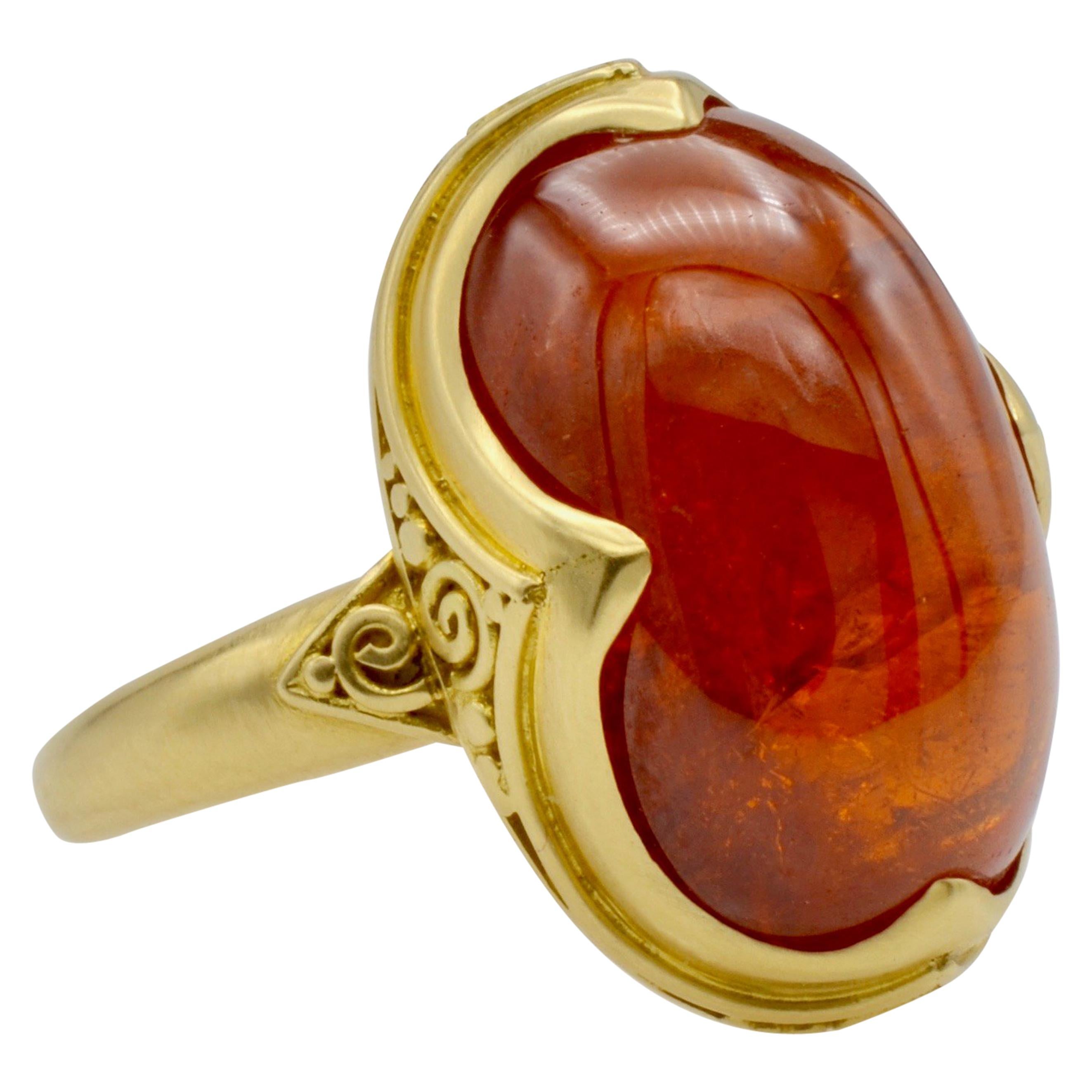 Deep Orange 9.80 Carats Tourmaline Cabochon 18 Karat Granulated Gold Ring For Sale