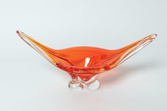 Deep Orange and Clear Murano Glass Footed Bowl