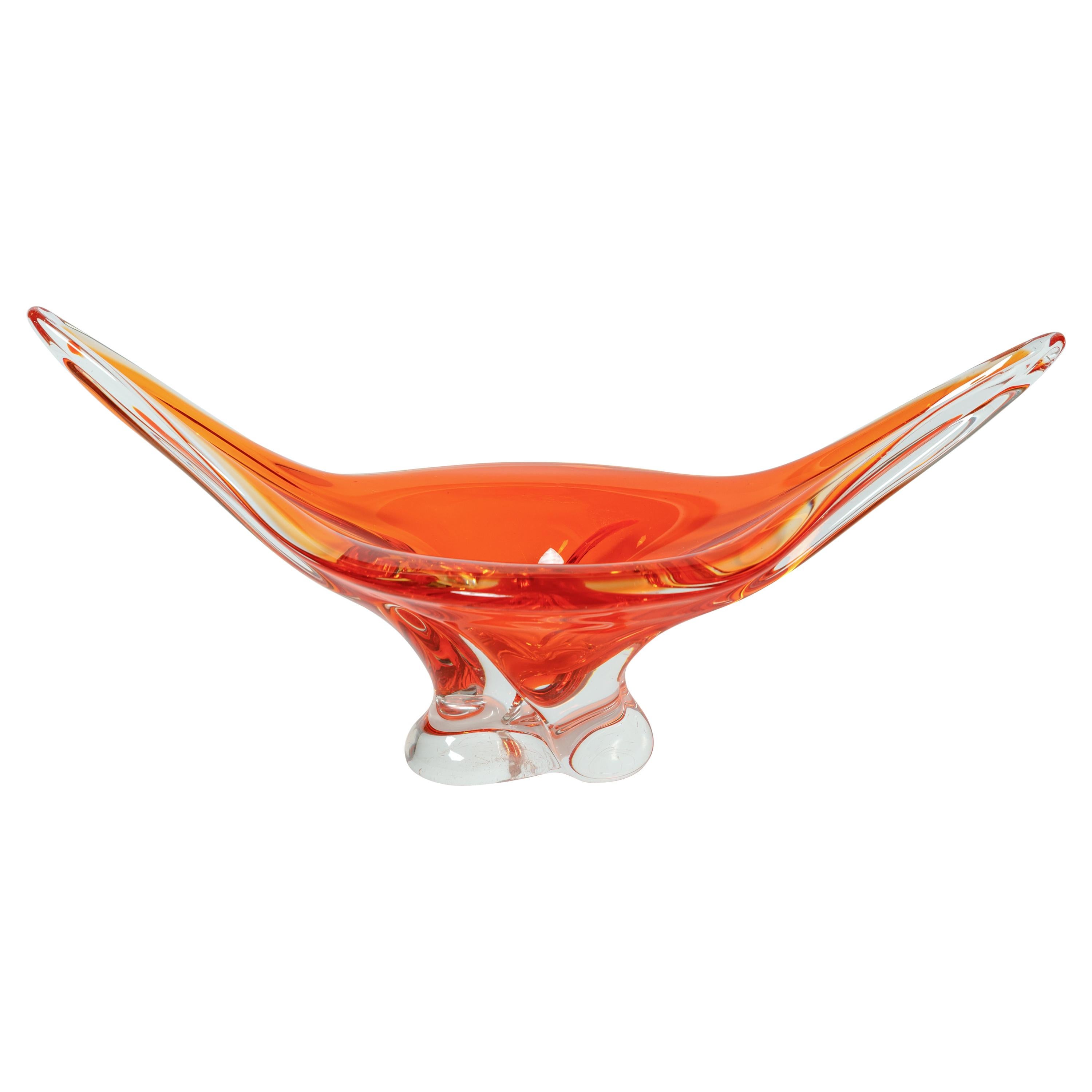 Deep Orange and Clear Murano Glass Footed Bowl For Sale