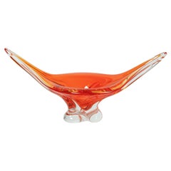 Deep Orange and Clear Murano Glass Footed Bowl