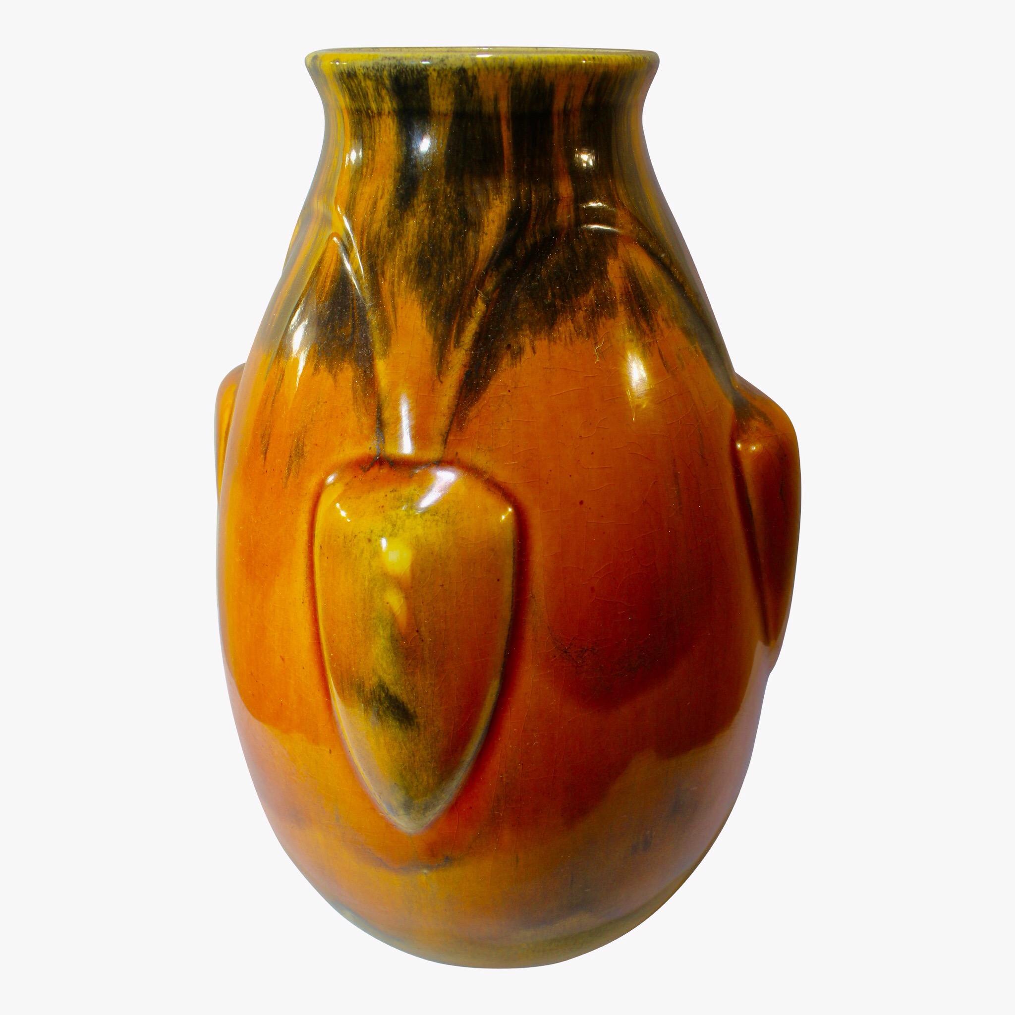 Glazed Deep Orange Art Deco French Ceramic Vase, 1930s For Sale