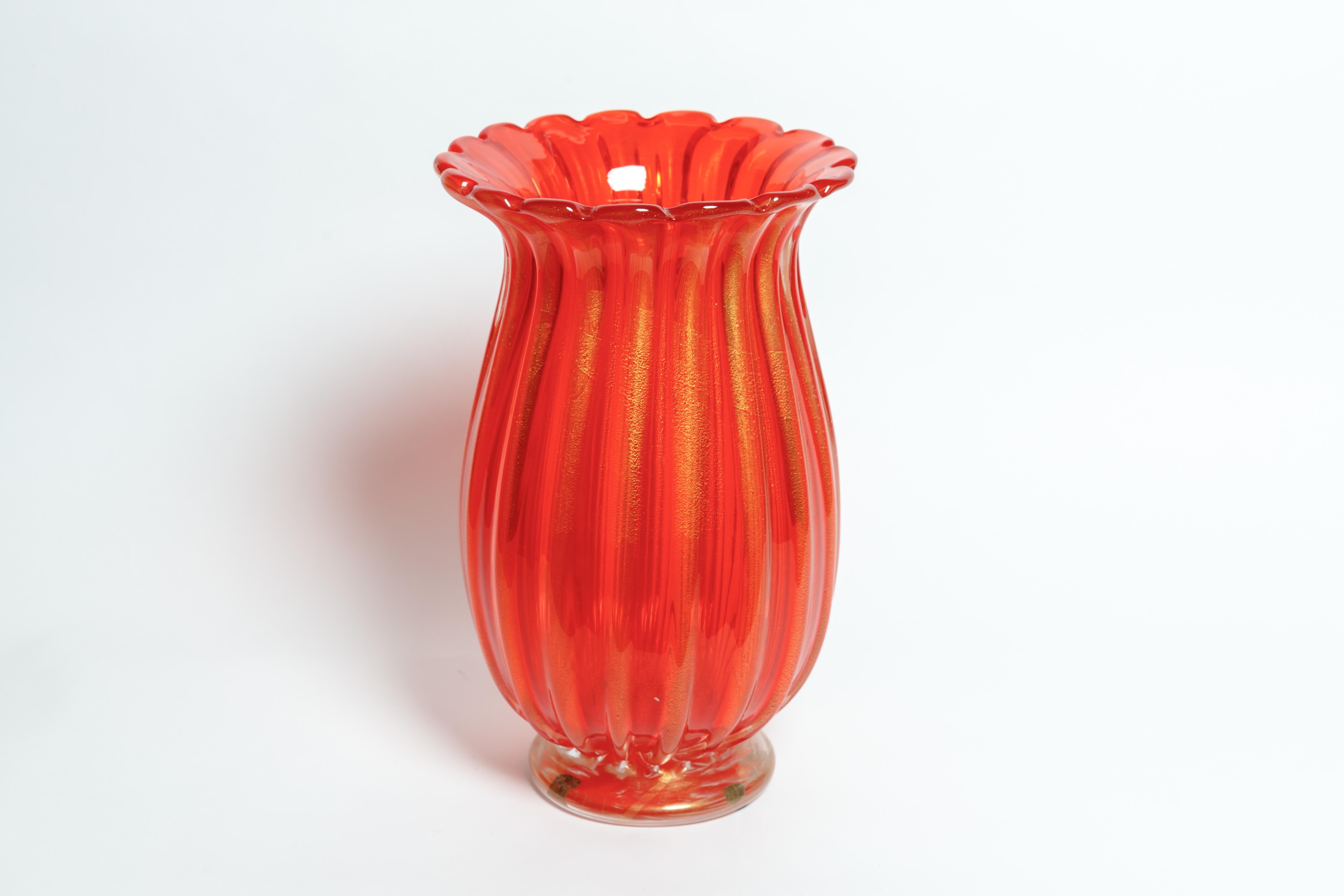 Mid-Century Modern Deep Orange, Gold and Clear Fluted Vase, Signed