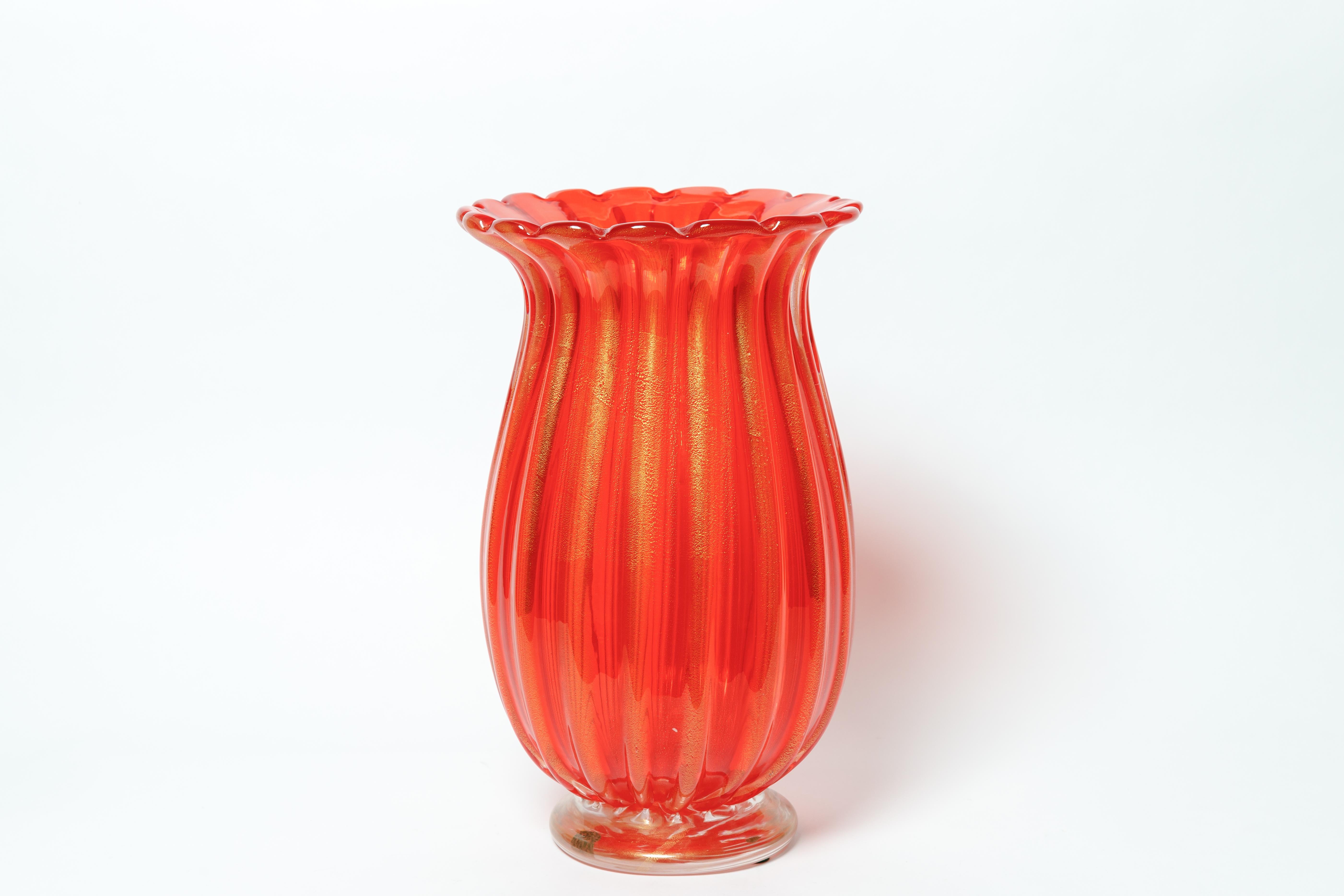 Deep Orange, Gold and Clear Fluted Vase, Signed In Excellent Condition In Bridgehampton, NY