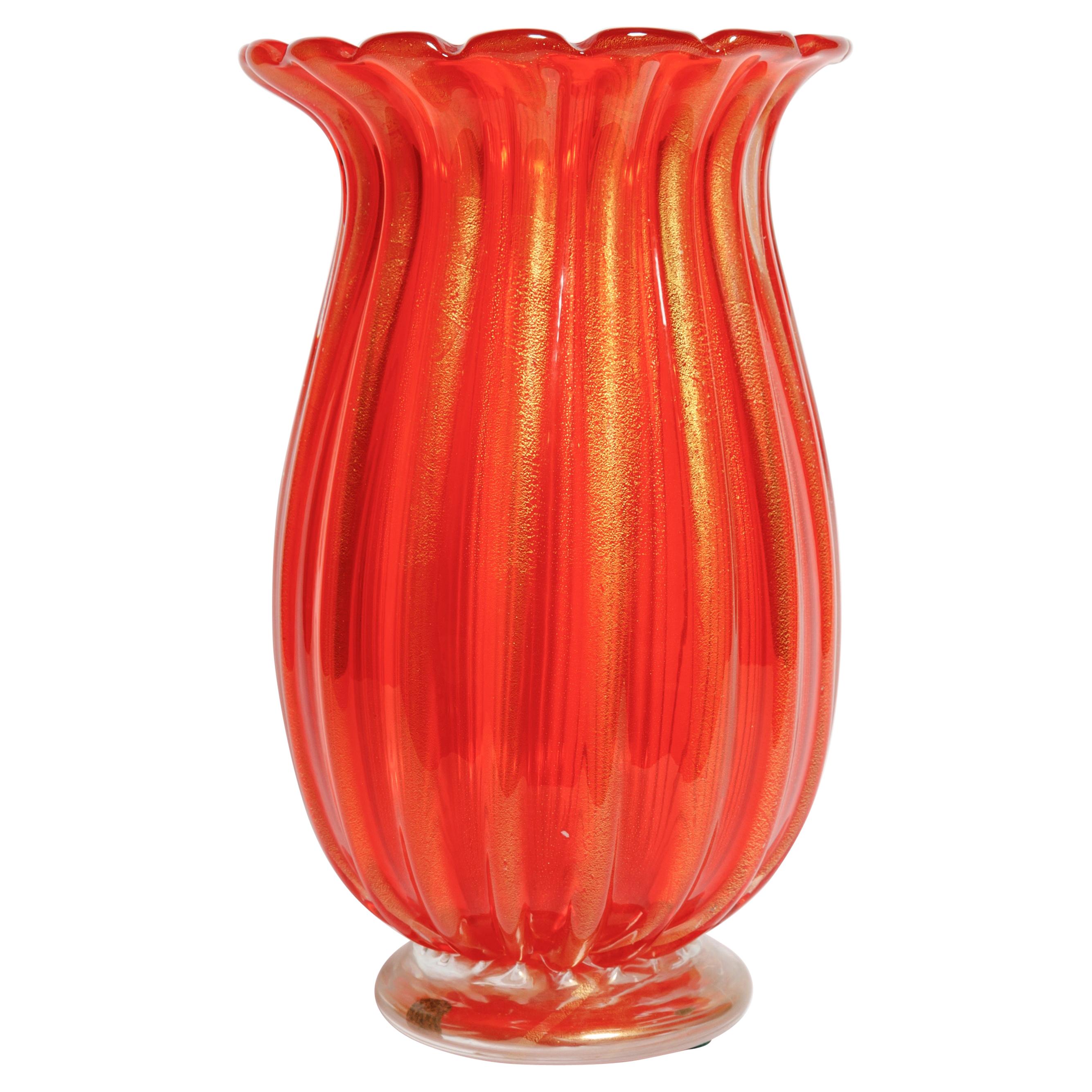 Deep Orange and Clear Murano Glass Footed Bowl For Sale at 