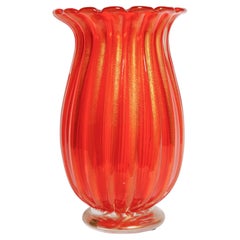 Deep Orange, Gold and Clear Fluted Vase, Signed